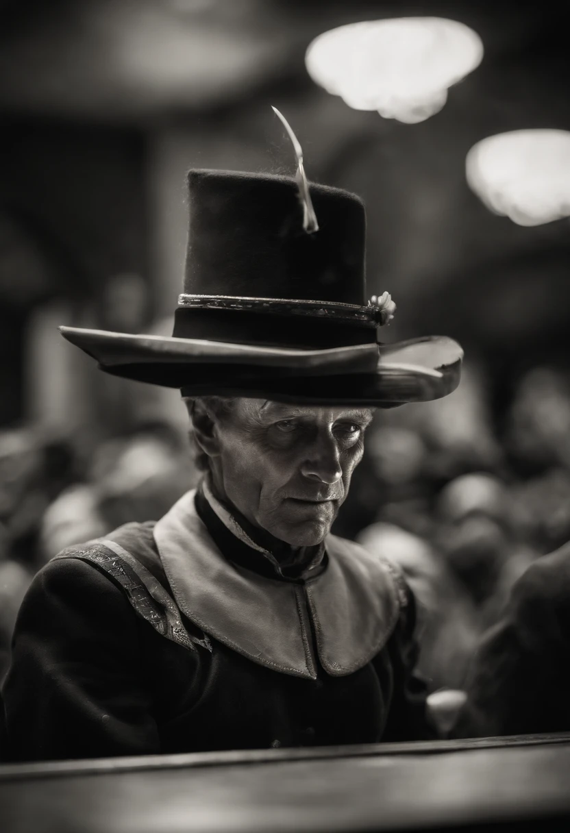 wizard android, robotic face, wizard's hat, as photo from the future, fairytale movie, cinematic photography, film grain overlay, by Ernst Haas