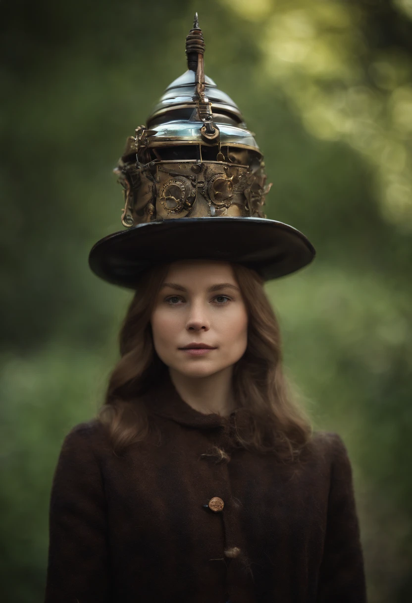 wizard android, robotic face, wizard's hat, as photo from the future, fairytale movie, cinematic photography, film grain overlay, by Ernst Haas
