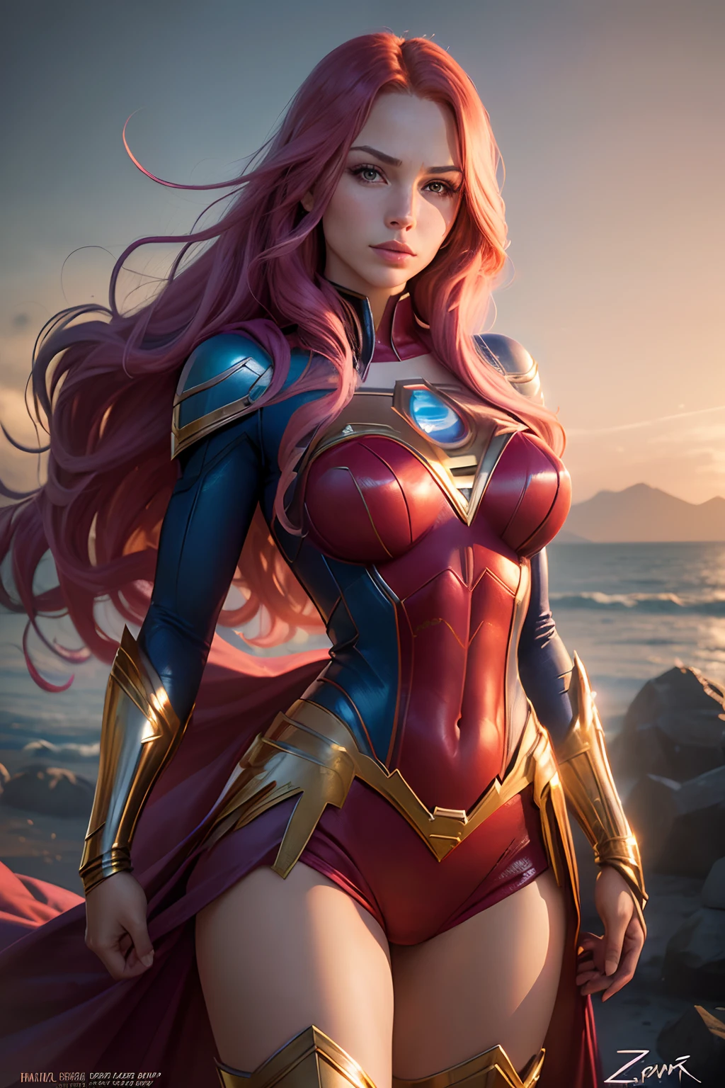 (best quality,ultra-detailed:1.2),beautiful sexy young woman,full kissable lips,long flowing pink hair,(realistic:1.37),(Marvel Comics:1.1),(DC Comics:1.1),(Phoenix Supergirl fusion), (Jean Gray Kara, Zor-El fusion), (X-MEN, Justice League fusion), breasts,vivid colors,portrait,superhero,vibrant lighting,comic book style