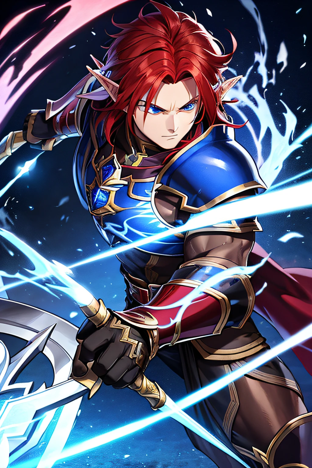 Muscular elf male combat mage, with red hair, blue eyes, in leather armor, in the hands of a combat scythe