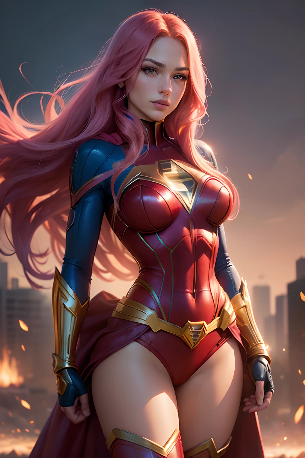 (best quality,ultra-detailed:1.2),beautiful sexy young woman,full kissable lips,long flowing pink hair,(realistic:1.37),(Marvel Comics:1.1),(DC Comics:1.1),(Phoenix Supergirl fusion), (Jean Gray Kara, Zor-El fusion), (X-MEN, Justice League fusion), breasts,vivid colors,portrait,superhero,vibrant lighting,comic book style