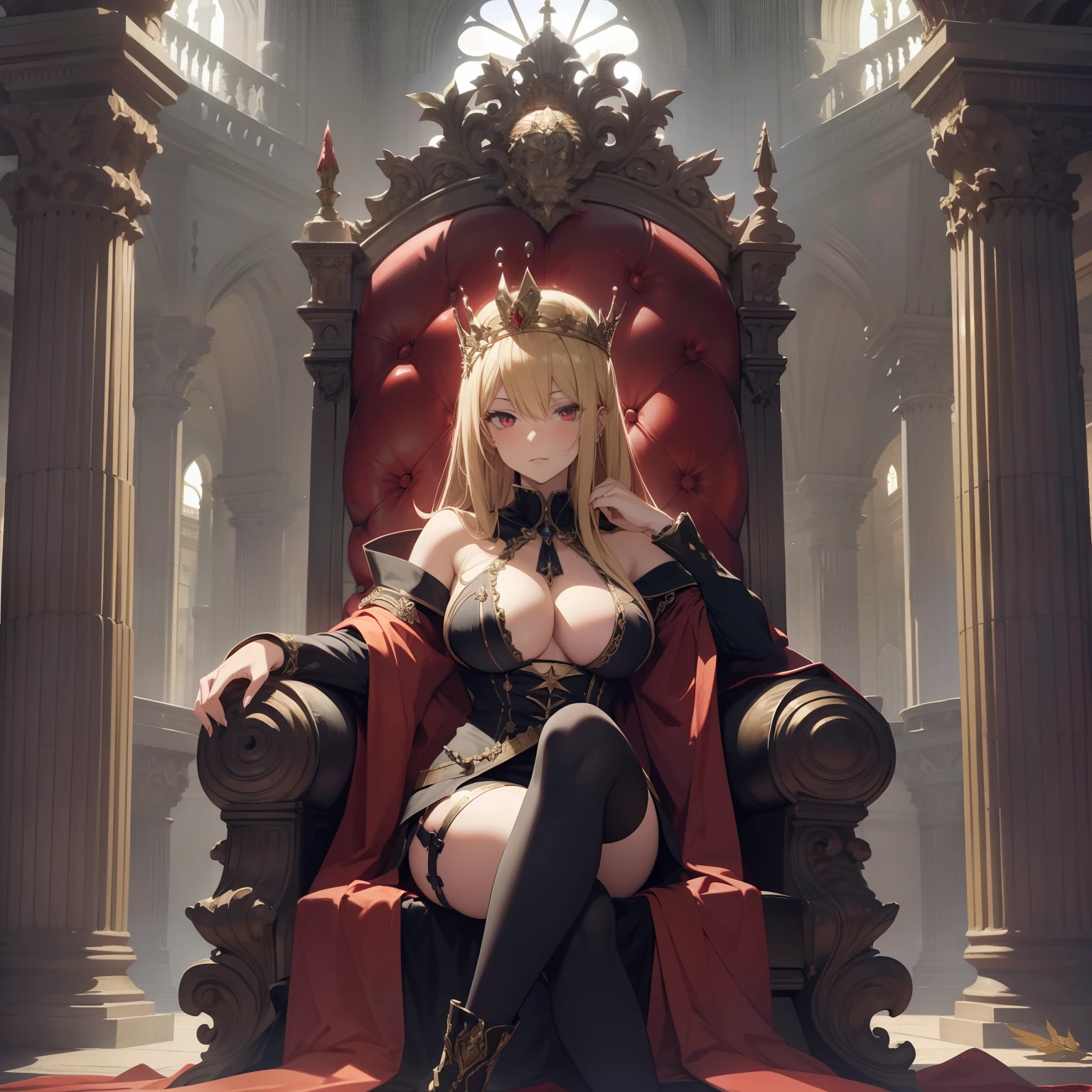 European queen, blonde, red eyes, big tits, laurel leaf crown, cool, edgy, sitting on throne, royal, at castle hall, royal flag, gothic building style