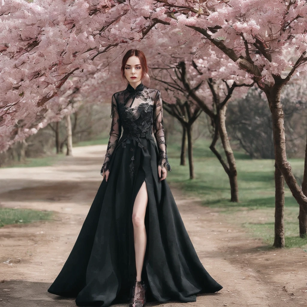 Girl with res gothic long dress,scatered gown tail, full body, under sakura tress
