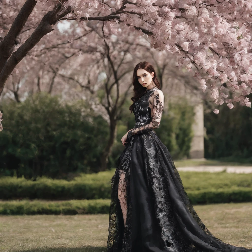 Girl with res gothic long dress,scatered gown tail, full body, under sakura tress