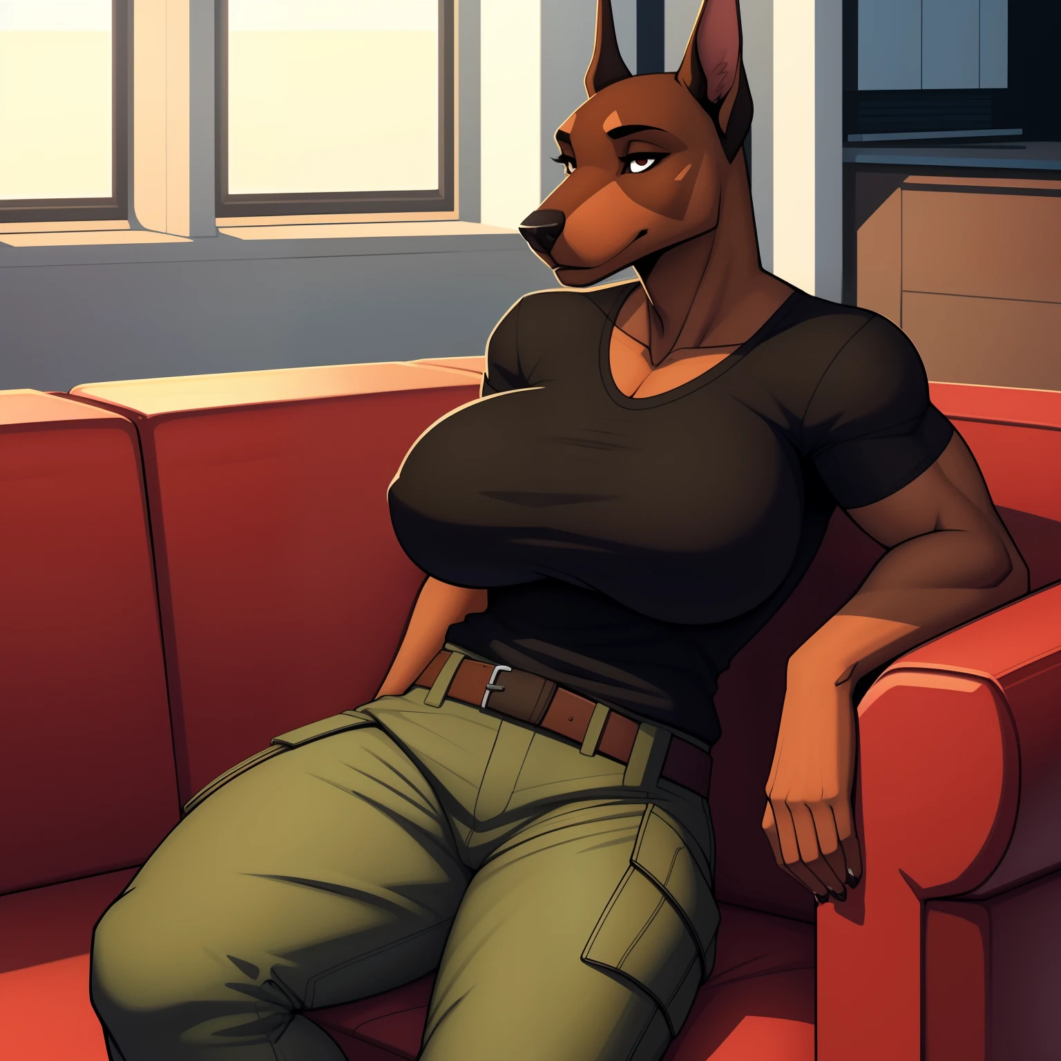 Very_muscular_mature_doberman female dark_brown_two-tone_furry_body brown_eyes milf t-shirt cargo_pants leaned_back couch wife solo Masterpiece best_quality absurdres highly_detailed cleanly_drawn_eyes anthro_only large_breasts by_claweddrip, by_greasymojo, by_underscore-b, by_runawaystride