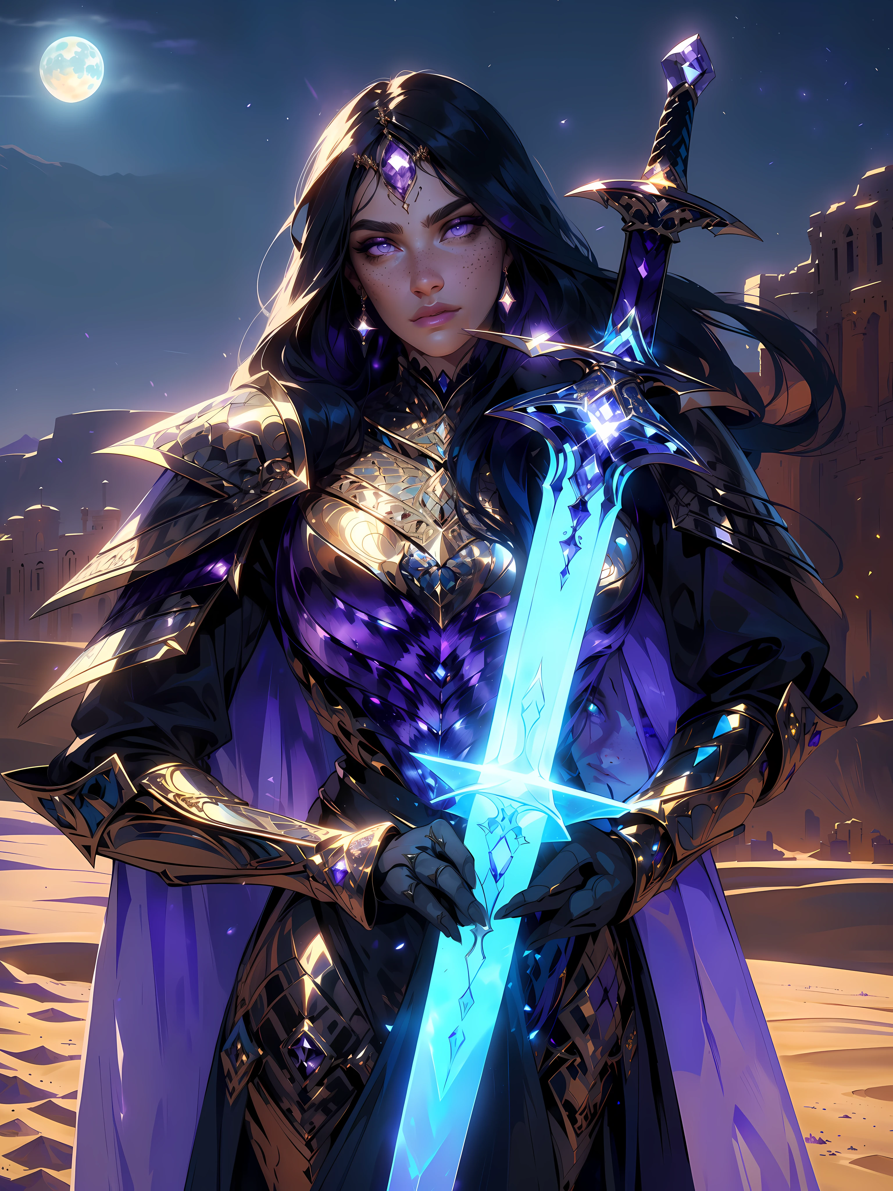 Masterpiece, (Ultra Wide Shot), (1girl), (intricate filigree metal armor), (freckles), (beautiful face:1.2), (amethyst eyes:1.2), (black long hair), (hair ornament), (forehead mark), (1sword:1.1), (1glowing blue sword stabbed in the ground), (desert:1.2), (desert fort:0.8), stones, sandy weather, night, moonlight from left, natural lighting, soft lighting, bokeh