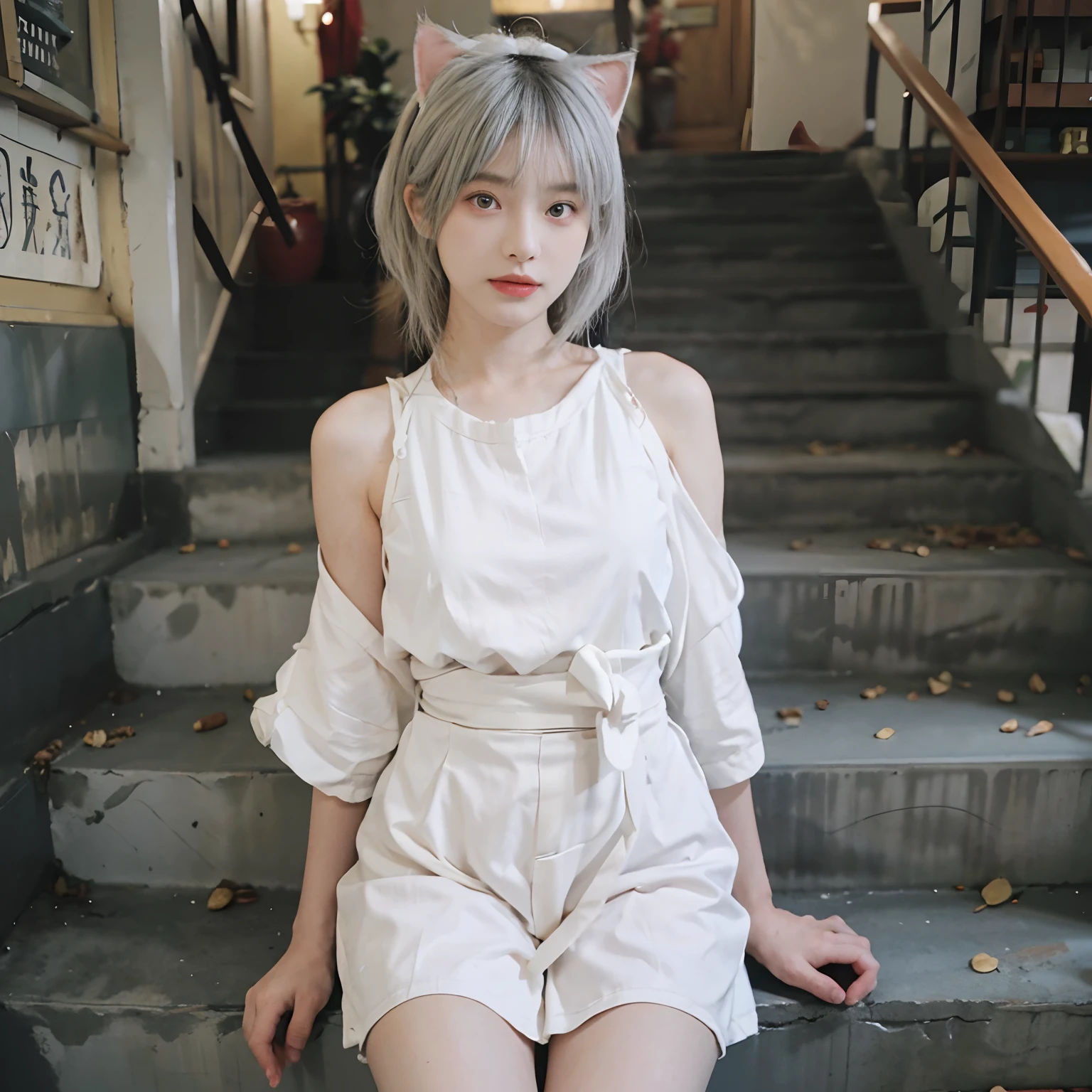 8K,NSFW、stairway、(whitish hair) 、undersized head、White hair、Best Quality, masutepiece, Ultra High Resolution, (Realism: 1.4), Original photo, Colors inspired by red、(True skin texture: 1.3), (Film grain: 1.3), Beautiful eyes and face details, masutepiece, Best Quality, close up, Full body, Look at the viewer,Red Ribbon、Bob cut with gray hair、18year old、White cat ears