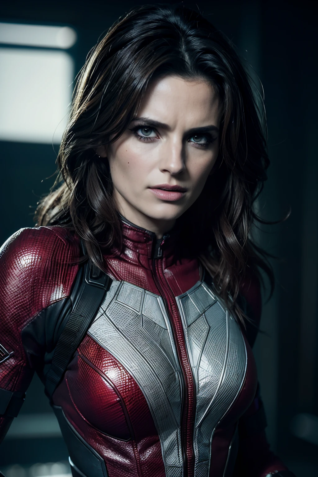 Stana Katic as Deadpool,  glowing lights, (superhero pose), (hyper realistic:1.4), (realistic:1.3), (best quality real texture skin), full body, (Cinematic Light), highly detailed skin, skin pores, (highly detailed face:1.1), (highly detailed eyes:1.1), realistic pupils, (perfect anatomy:1.1), (perfect proportions:1.1), (photography:1.1), (photorealistic:1.1), volumetric lighting, dynamic lighting, real shadows, (highres:1.1), sharp focus, daylight, (realistic, hyperrealistic:1.4), intricate, high detail, dramatic, subsurface scattering, big depth of field, vivid, polished, sharpened, ((full Sharp)), (extremely absurdres),8k hdr