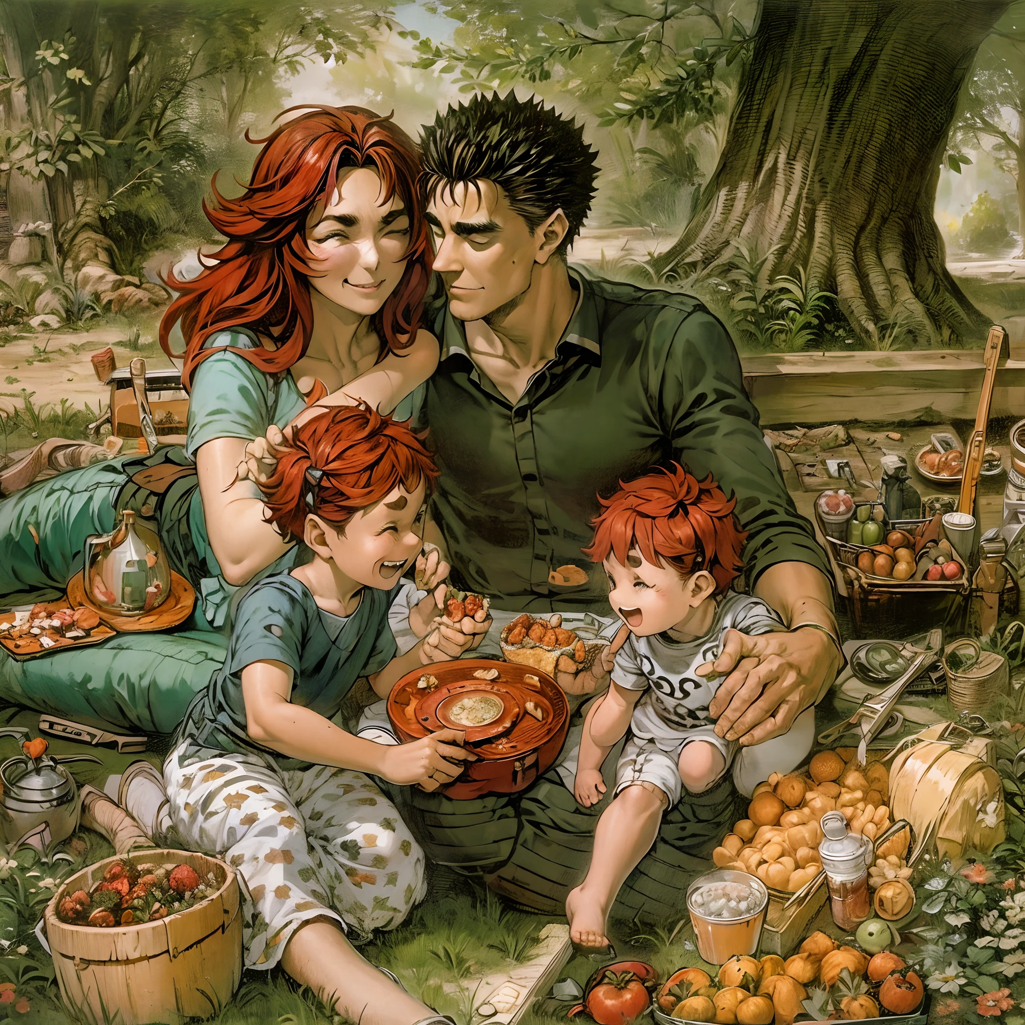 suletta, guts, couple, husband and wife, suletta motherly, wife, mother and son, children , family, happy, red hair suletta, black hair guts, picnic garden