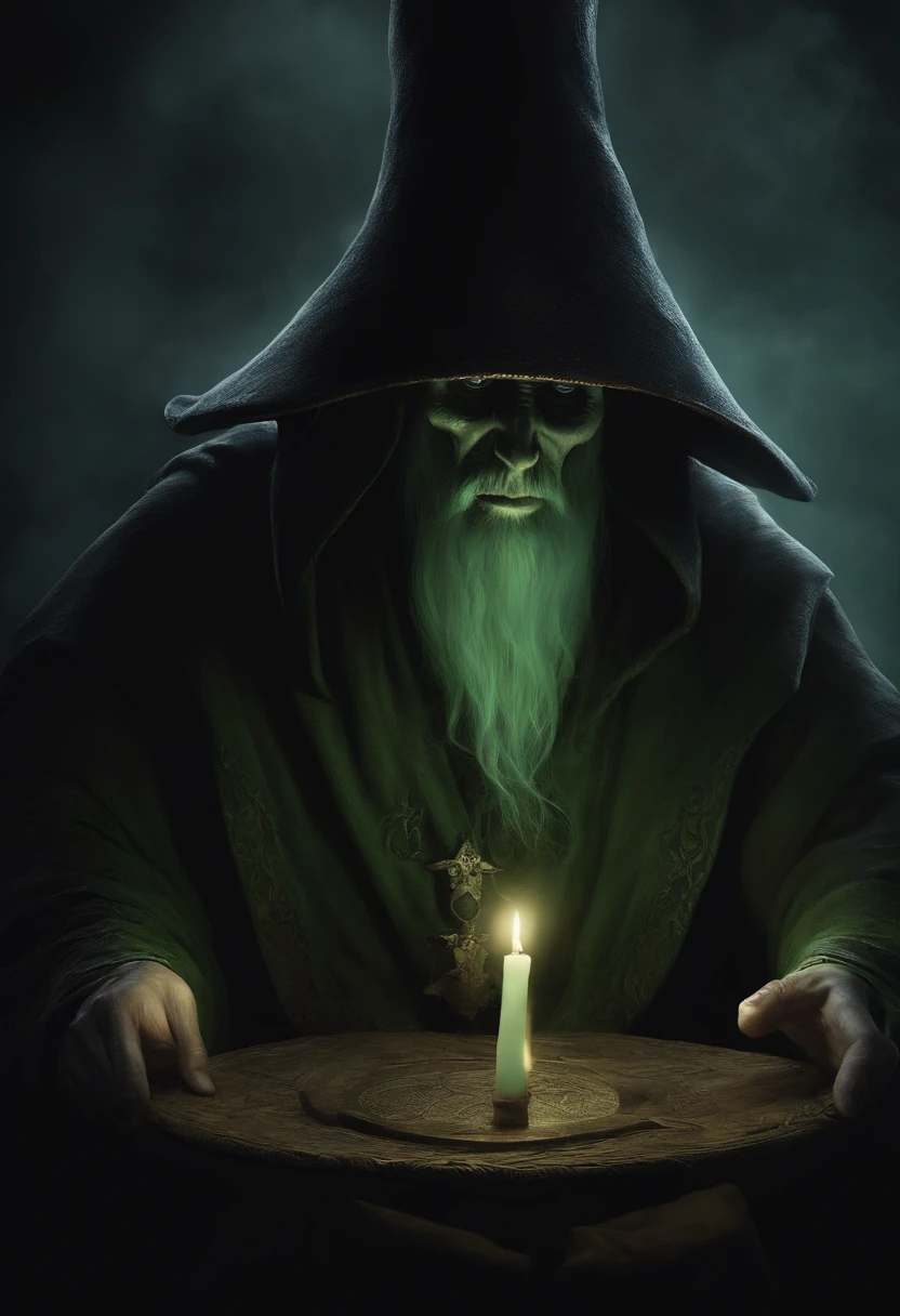 Crie um desenho aterrorizante de um bruxo bruxo. This wizard is a being of darkness, his face is skeletal, com olhos afundados e sem pupila, apenas uma chama ardente. Their skin is stretched like parchment and covered in mysterious runes that seem to move. on the headpiece, He wears a wide-brimmed hat, cujas sombras escondem seu rosto, e pingando dele pingando com cera derretida, as if the hat were a lit candle. His torn black cloak seems to be made of living shadows that stretch to infinity. The wizard holds a twisted staff with a human skull at the end, e um escuro, viscous substance oozes from the skull. Around it is a circle of candles that burn in green flames and exude a sulfurous smell. The background is dark and full of sinister shadows.
