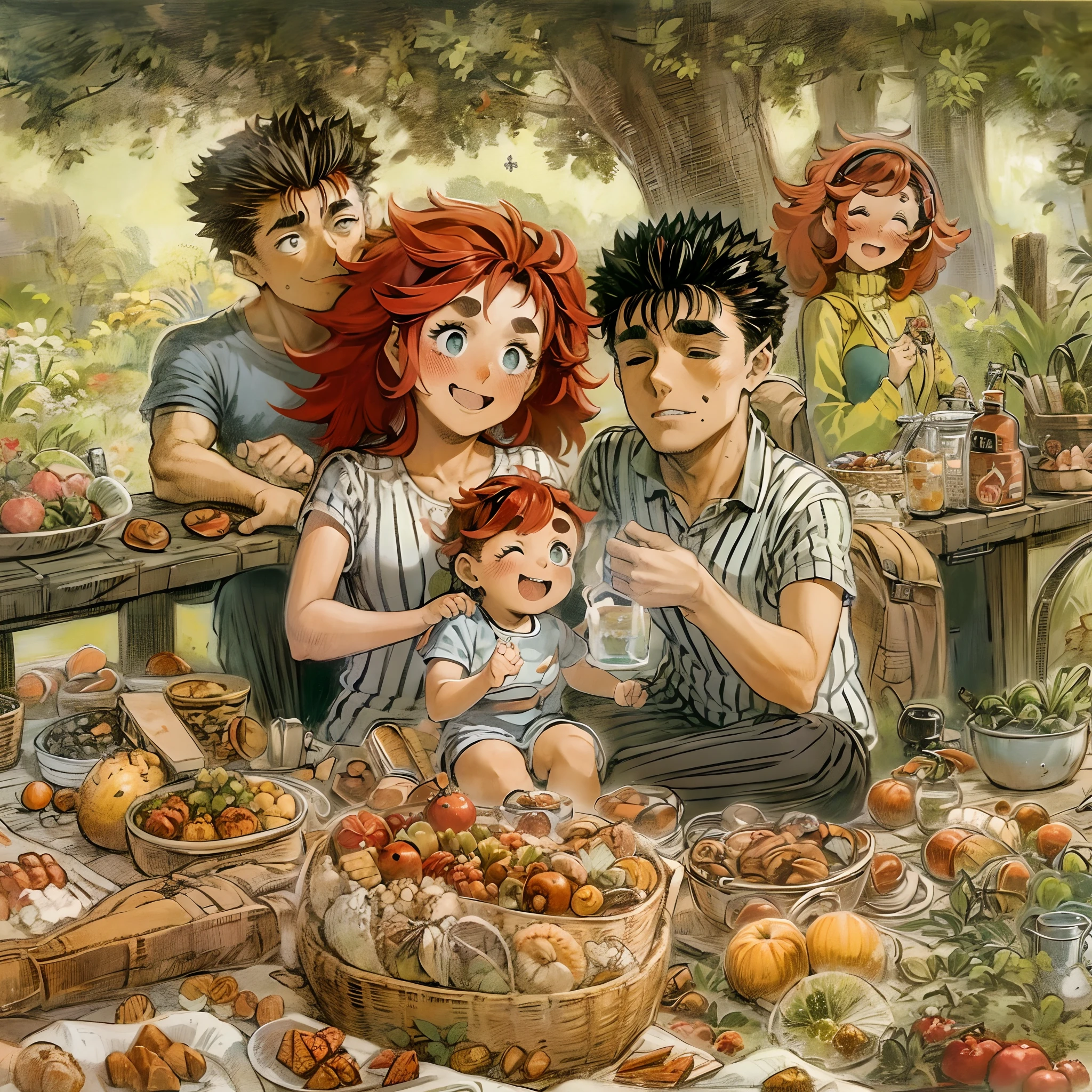 suletta, guts, couple, husband and wife, suletta motherly, wife, mother and son, children , family, happy, red hair suletta, black hair guts, picnic garden