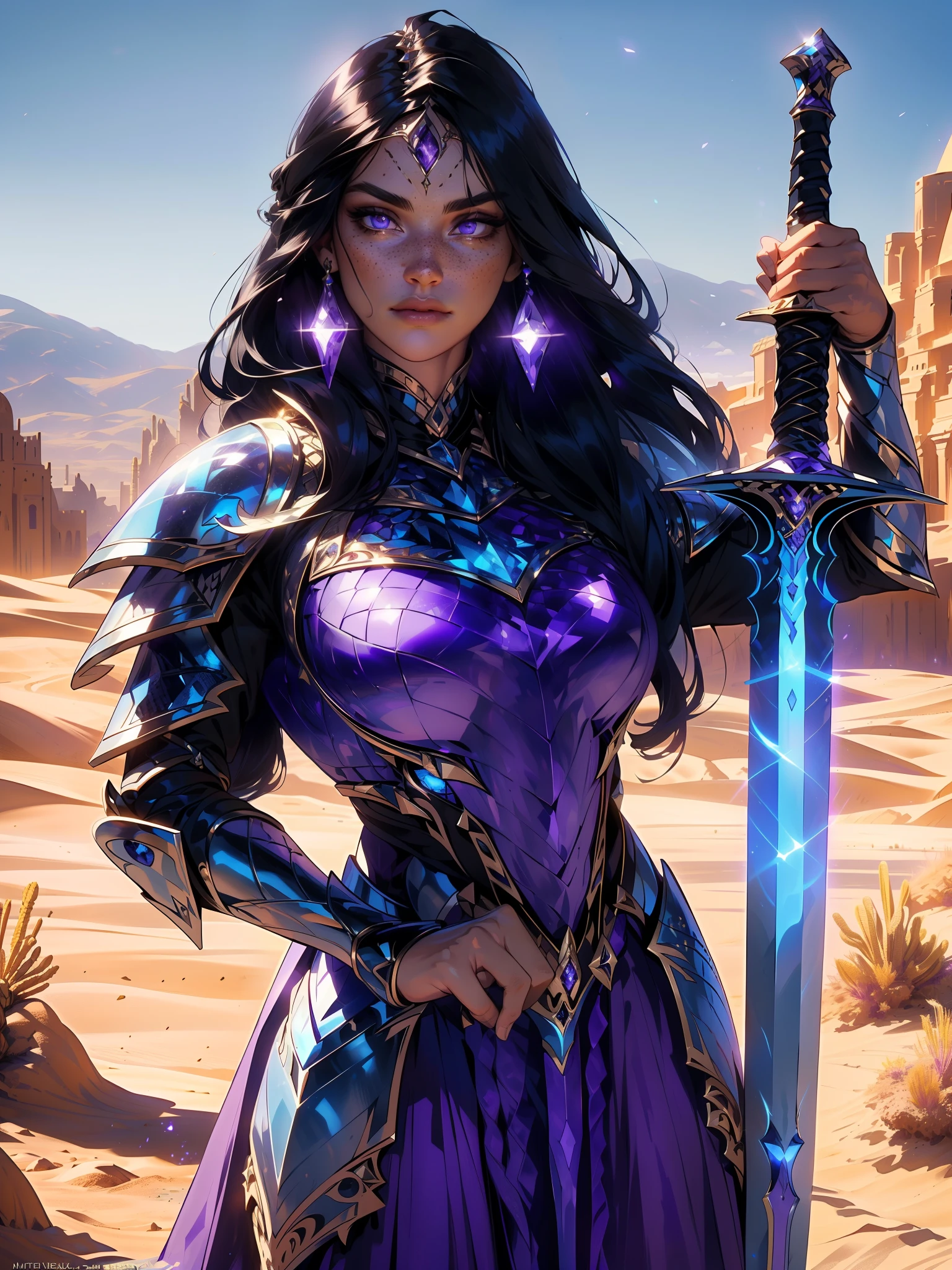 Masterpiece, (Ultra Wide Shot), (1girl), (intricate filigree armor), (freckles), (beautiful face:1.2), (amethyst eyes:1.2), (black long hair), (hair ornament), (forehead mark), (1sword:1.1), (1glowing blue sword stabbed in the ground), (desert:1.2), (desert fort:0.8), stones, sandy weather, sunlight from left, natural lighting, soft lighting, bokeh
