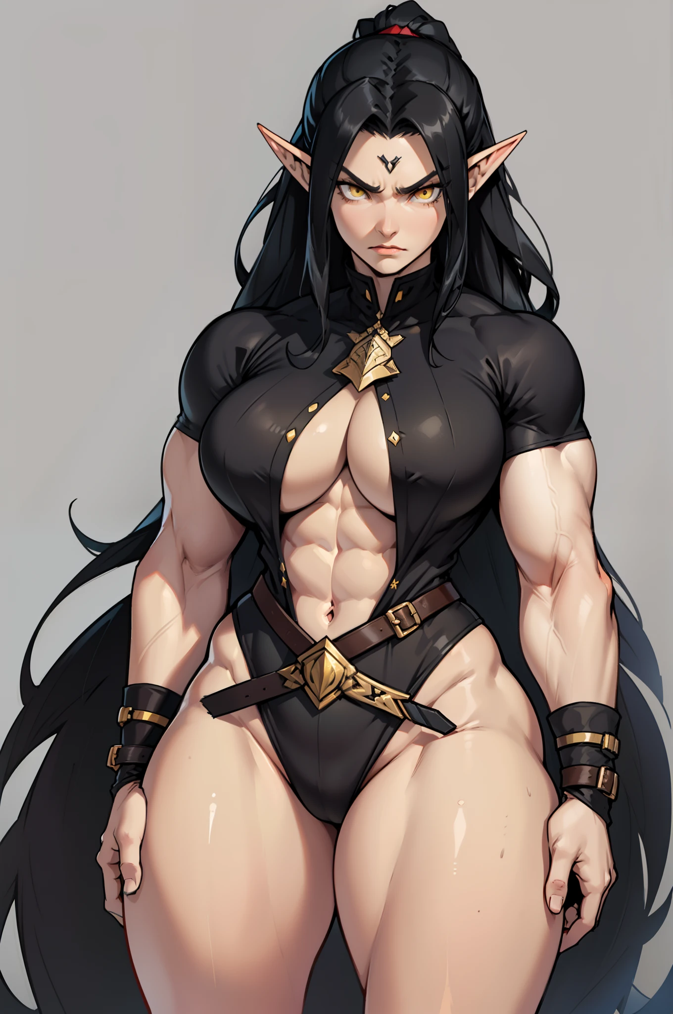 ((grey background)), solo, ((((1 girl)))), very long hair, black hair, angry, yellow eyes, (((((muscular))))), (huge tits), (thick thighs), (wide hips), pale skin, (elf, long pointy ears), standing, slick hair