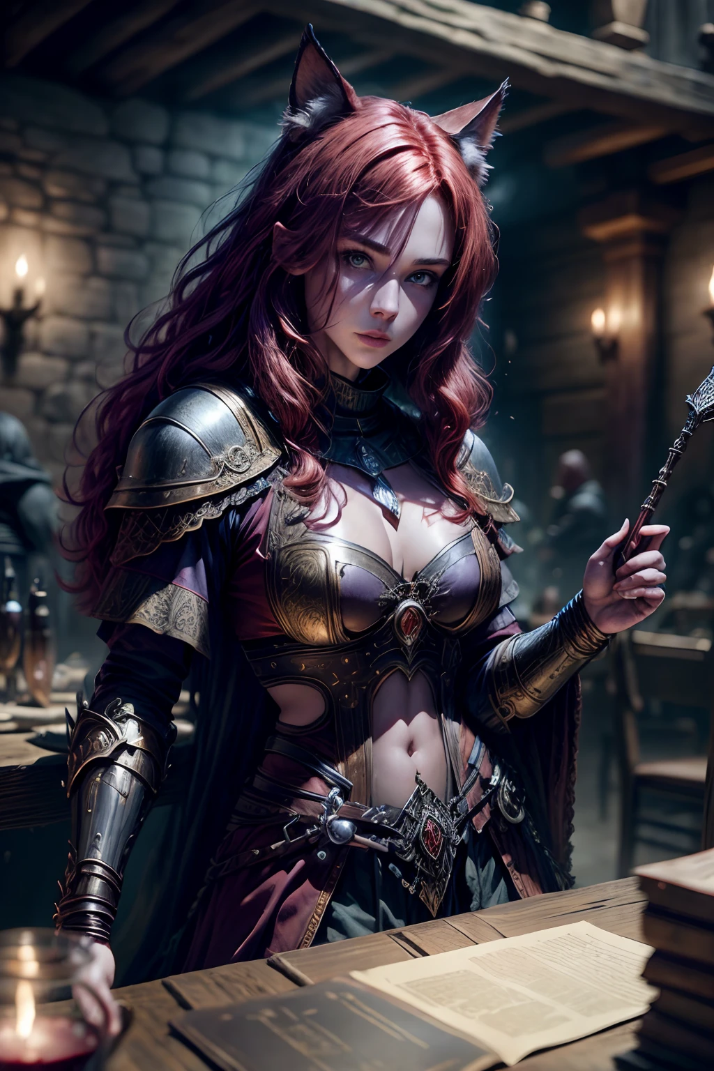 A Masterpiece Fantasy World, Sexy Red Hair Cat girl warrior, at a medieval tabern, Perfect Face, Perfect body, Cinematic, Dark fantasy, Vibrant, HD