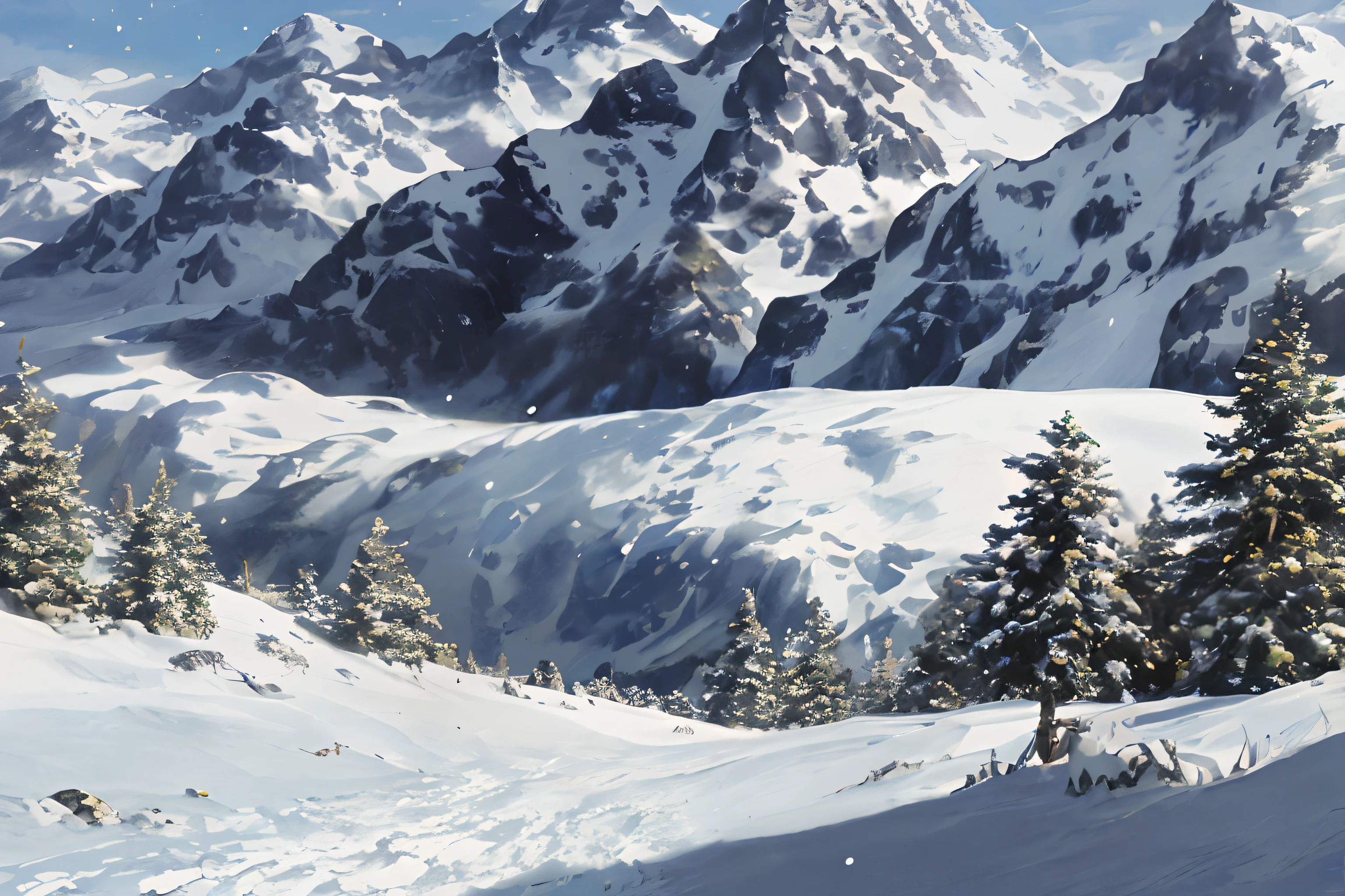 A person conquering a snow-capped mountain in a stormy blizzard, surrounded by pine trees and cypress trees. The landscape depicts the majestic beauty of the snowy mountains. The person is determined and persevering, overcoming the adversities and challenges. The stormy blizzard adds a sense of danger and excitement to the scene. The snow-covered peaks glisten in the sunlight, creating a serene and peaceful atmosphere. The mountain climber is wearing mountaineering gear, equipped with ice axes and crampons, showcasing their expertise and preparedness. The person's face is determined and focused, with snowflakes gently resting on their eyelashes and lips. The snowy landscape extends into the distance, with a vast expanse of untouched white snow. The scene is captured in a realistic and visually stunning manner, with every intricate detail of the snow and mountain captured with ultra-detailed precision. The color palette is dominated by cool tones, with shades of blue and white, enhancing the coldness and purity of the surroundings. The lighting is natural, with the soft glow from the winter sun casting long shadows on the pristine snow. The overall composition creates a sense of awe and admiration for the beauty of nature and the indomitable spirit of human endeavor. [snowstorm, snowy landscape, pine trees, cypress trees, mountain climber, determination, perseverance, stormy blizzard, mountaineering gear, ice axes, crampons, realistic, visually stunning, ultra-detailed precision, cool tones, shades of blue and white, natural lighting, awe-inspiring]