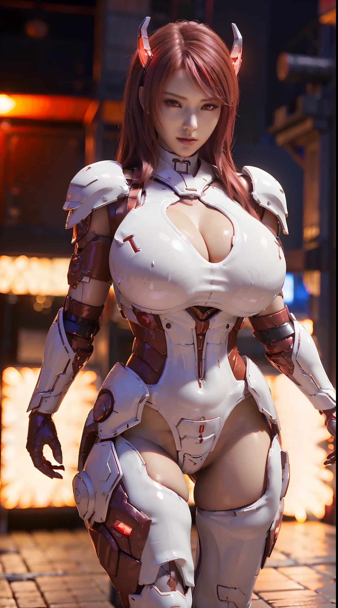 A WOMAN, BEAUTIFULL FACE, (RED EYES PUPIL), (SEXY RED LIBS), (BEAUTY MAKEUP), (SHINY BODYSKIN). NSFW HUGE BOOBS, (RGB:1.1), (WHITE SKINTIGHT MECHA ARMOR FULL SUIT:1.1), (CLEAVAGE), TRANSPARANT, TALL LEGS, STANDING, SEXY BODY, MUSCLE ABS.