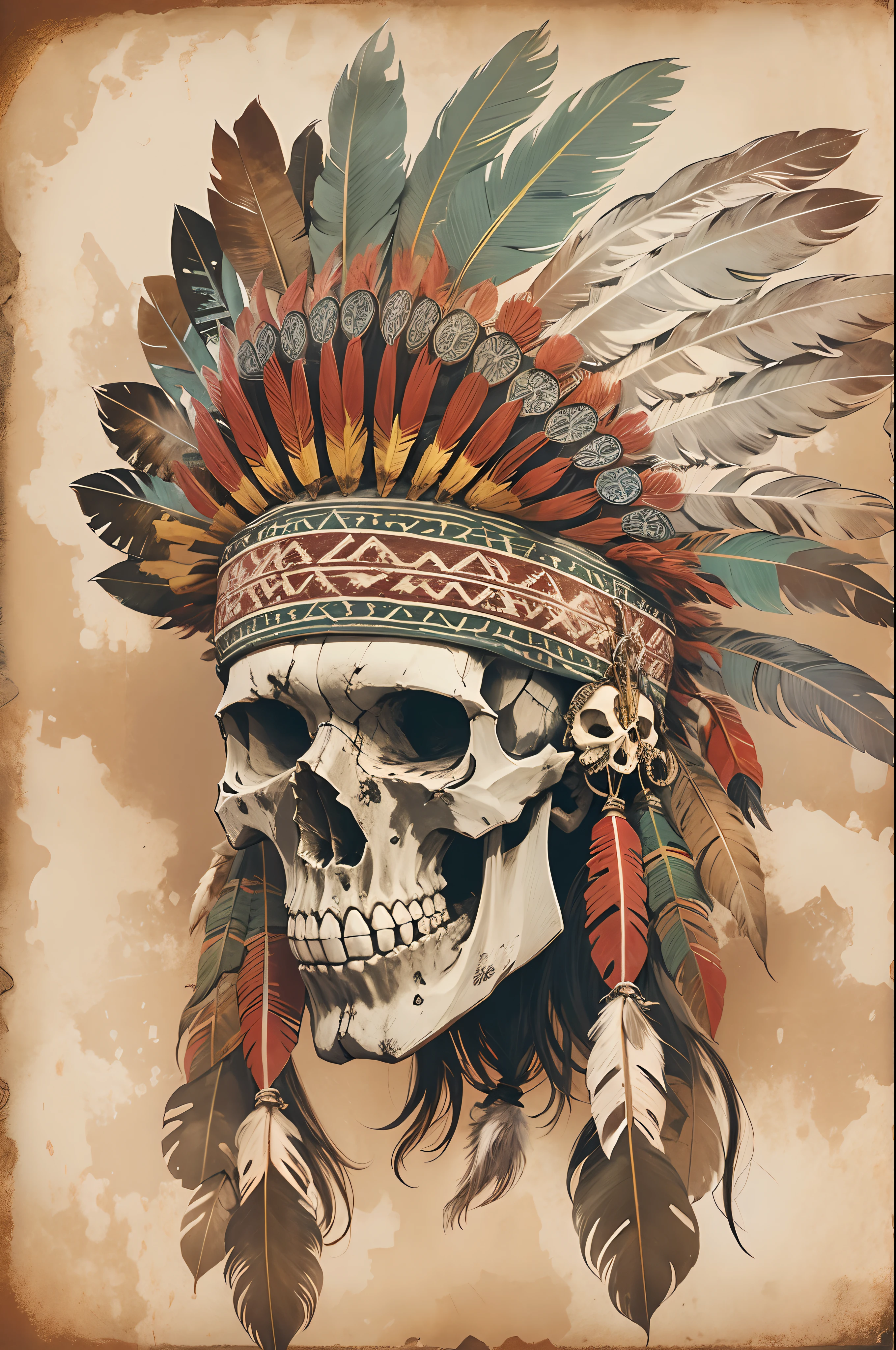 Side- centered potrait, red indian chief, war face, angry, big feather hat, black and white drawing. Clear background, simple skull face, fit to image
