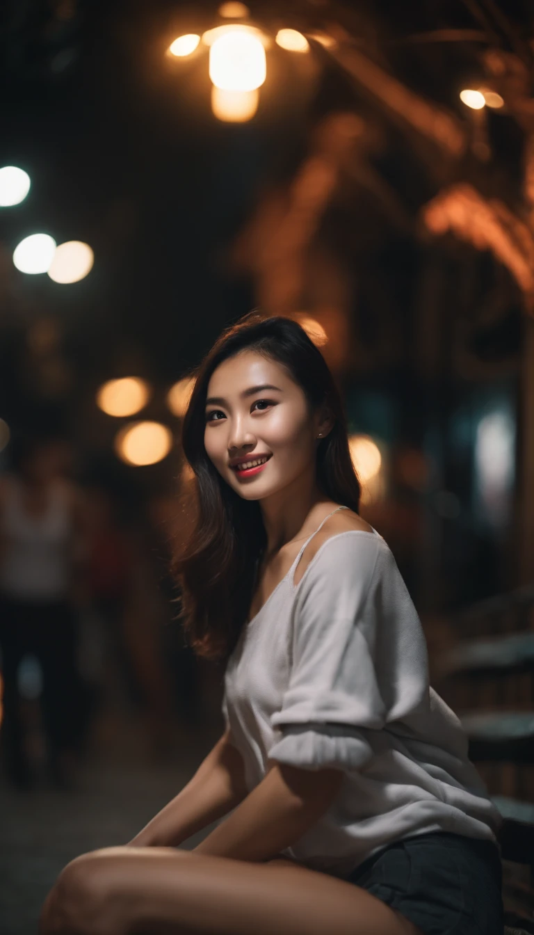 1girl, idol, model, depth of field, photo, film, face, skinny, smile, collarbone,  teeth, movie, camisole, selfie, night,