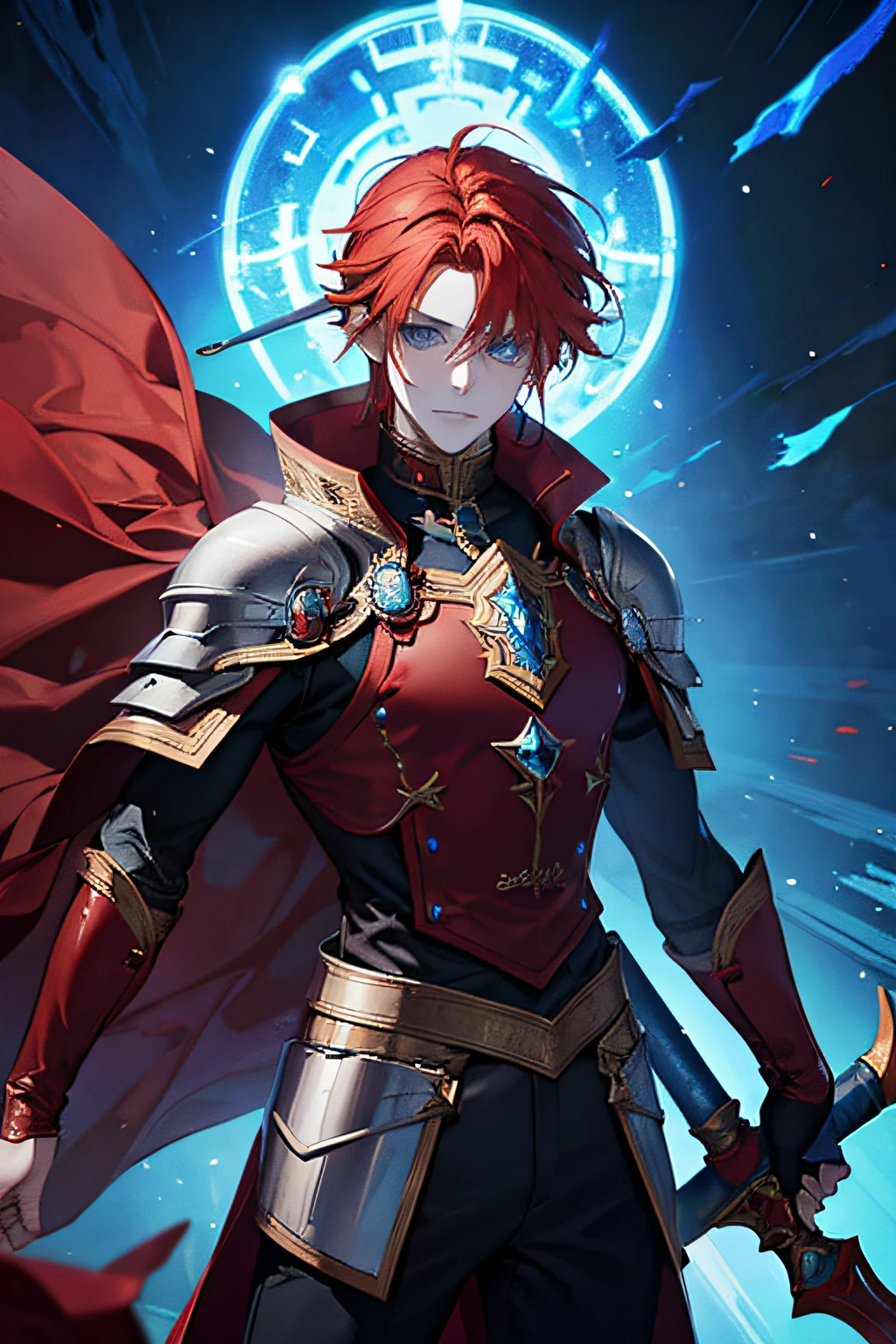 Muscular elf male combat mage, with red hair, blue eyes, in leather armor, in the hands of a combat scythe