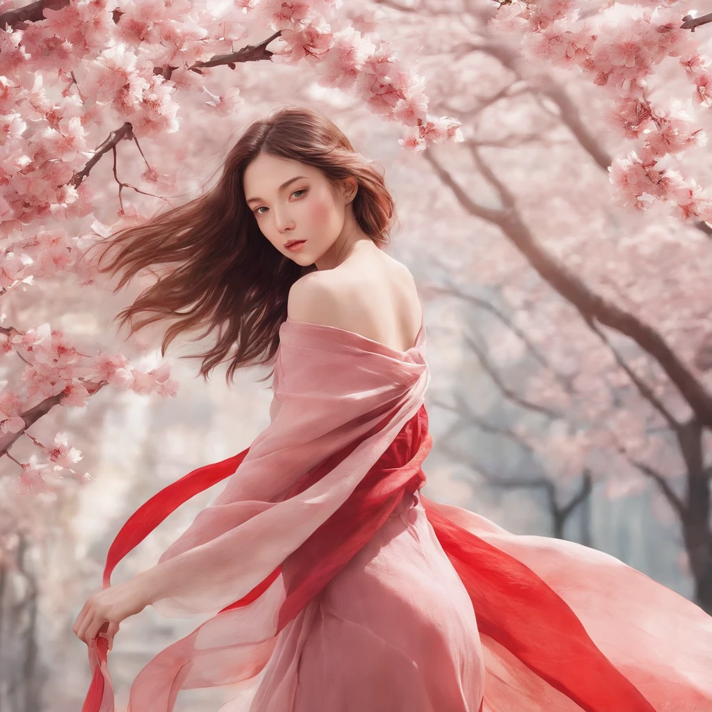 girl with red long dress,scattered cloth,full body,under sakura trees,illustration,textured,detailed,sunlight filtering through the branches,vibrant colors,soft focus,wind blowing her hair,peaceful atmosphere,warm color palette,subtle shadows,magical feeling,delicate cherry blossoms,bright blue sky,fading sunlight,playful spirits dancing around,blurred sakura petals,serene expression on her face,airy fabric flowing in the wind,subtle gradients and shades,ethereal beauty,romantic setting,serene and elegant posture,dainty cherry blossom petals falling around her