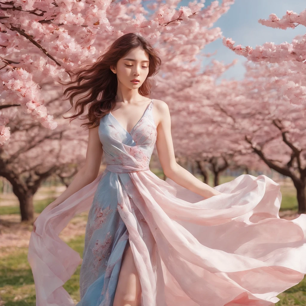 girl with red long dress,scattered cloth,full body,under sakura trees,illustration,textured,detailed,sunlight filtering through the branches,vibrant colors,soft focus,wind blowing her hair,peaceful atmosphere,warm color palette,subtle shadows,magical feeling,delicate cherry blossoms,bright blue sky,fading sunlight,playful spirits dancing around,blurred sakura petals,serene expression on her face,airy fabric flowing in the wind,subtle gradients and shades,ethereal beauty,romantic setting,serene and elegant posture,dainty cherry blossom petals falling around her