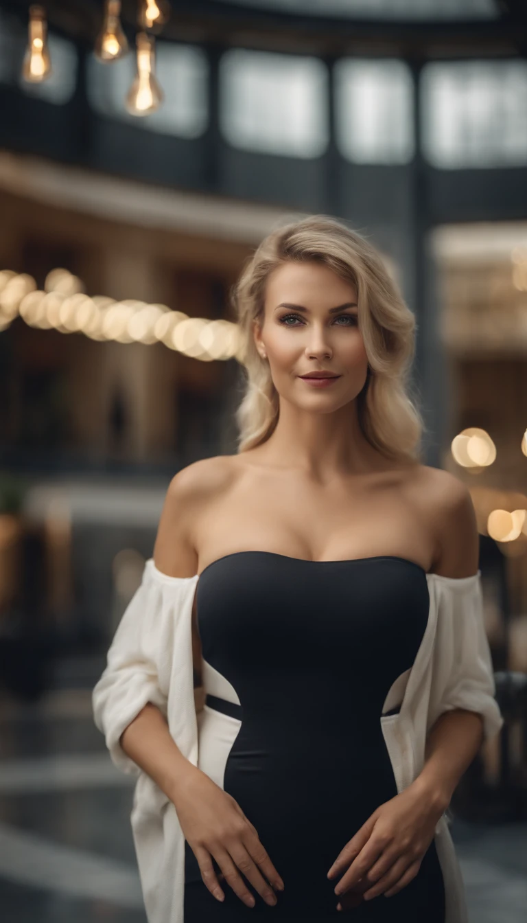 (best quality, 8K, 32 Tsd., Meisterwerk, UHD: 1.2), Photo of beautiful blonde caucasian woman, big boobs, upper body, Gesichtsfokus, Hemd, Halskette, Einfacher Hintergrund, von oben, Blick auf den Betrachter, Large shopping mall, Einkaufstaschen tragen, ultra realistisch,