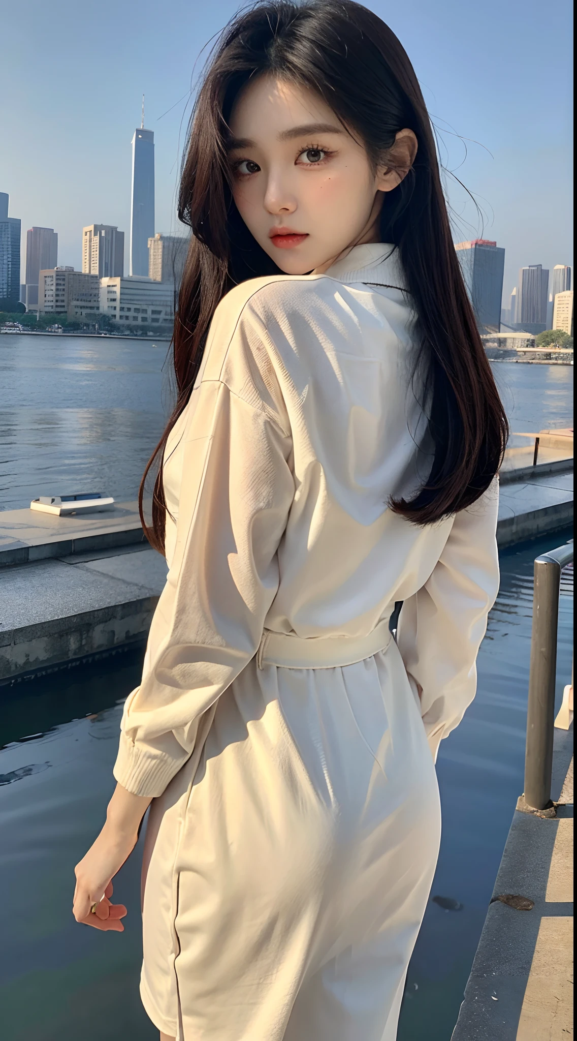 ​masterpiece、top-quality)、1 beutiful girl、Slim body、((Black and white plain clothes:1.1))、(Detailed beautiful eyes)、In the Han River、((Boyish Brown Medium Hair))、((Smaller face))、((Neutral face))、((Light brown eyes))、((Korean Girl))、((18year old))、((cool lady))、((Embarrassed expression))、((Korean Makeup))、((elongated and sharp eyes))、((Happy dating))、((boyish))、((She is walking in front of the viewer))、((She is looking at the sky))、((shot from back))