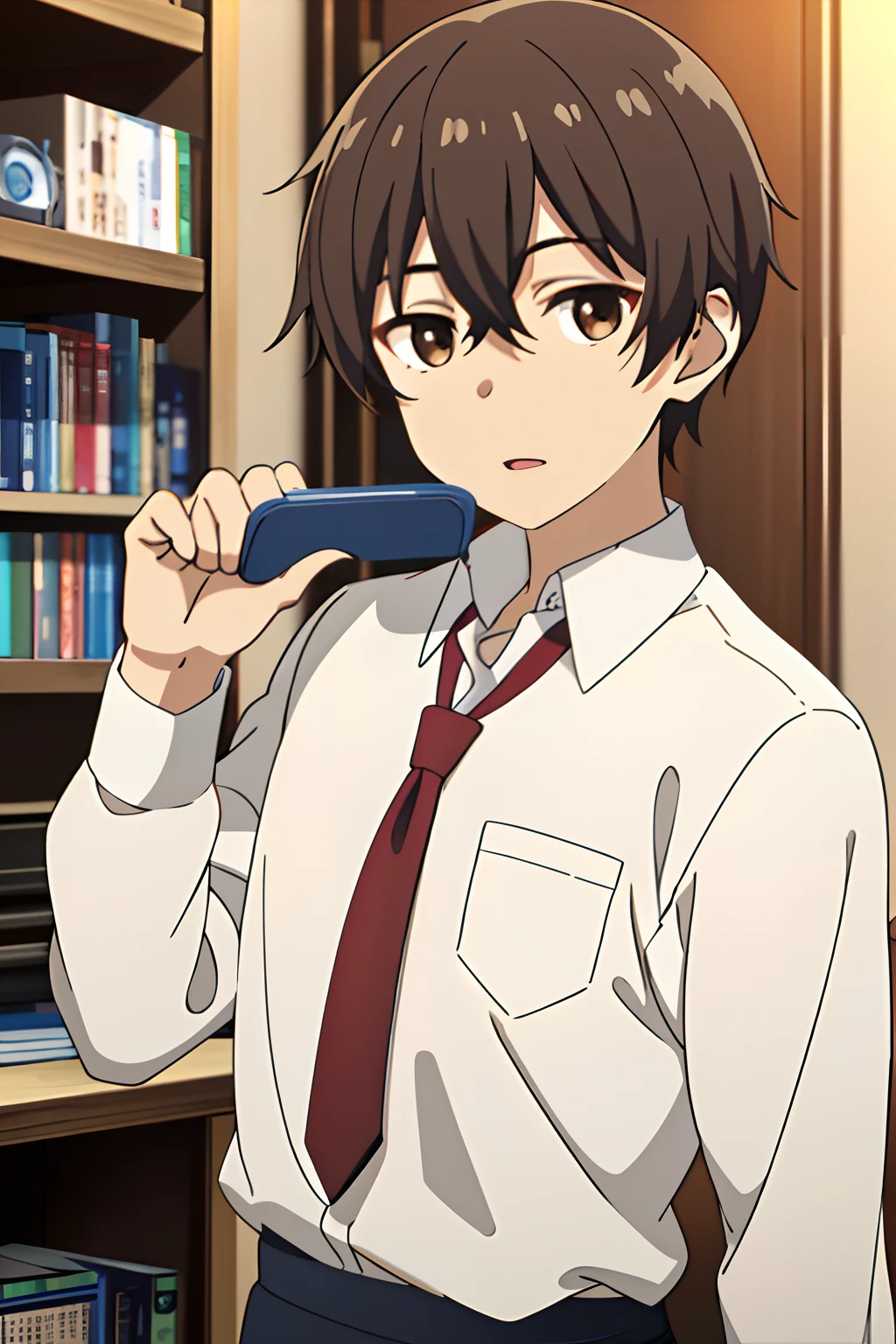 masterpiece, best quality, high quality, 1boy, solo, male focus, looking at viewer, upper body, mizuto_irido, brown eyes, brown hair, hair between eyes, school uniform