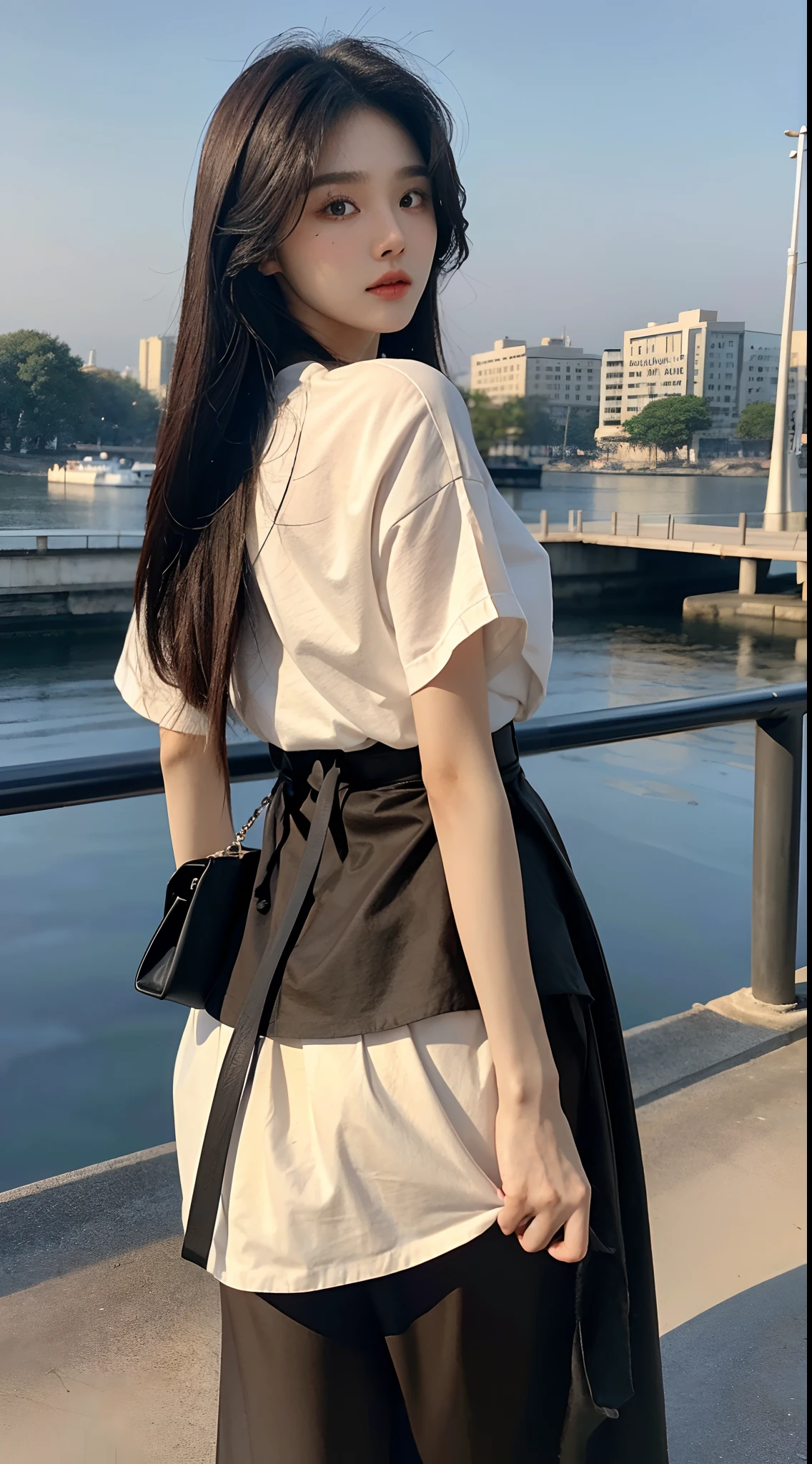 ((Best quality))((realistic))((full body))((face detail))A girl. Short black hair .long skirt. Sunset . Shadow shading . trees. Walking. chill
