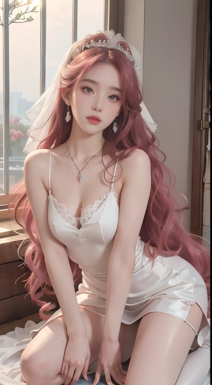 Girl, sexy, wet white silk wedding dress, pink long hair, pink long hair, curly hair, curly hair, smooth long hair, shiny hair, delicate face, delicate lips, delicate eyes, blue pupils, delicate nose, necklace, earrings, hairpins, correct body structure, correct hand structure, half kneeling, sea of flowers, color contrast, Tyndall effect, vista, full body,