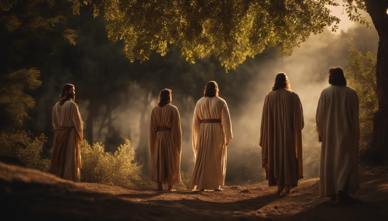 Jesus Christ with his disciples under trees
