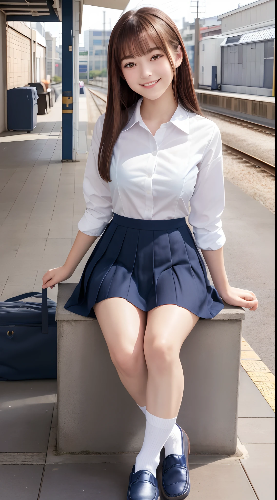 (8K, 超A high resolution, Best Quality, masutepiece:1.2),(18year old:1.2)、(Look away)、8K、RAW portrait of japanese girl、Photorealsitic、超A high resolution、top-quality、 (quite massive chest、Hide all breasts:1.2)(Beautiful High School Girl、White collared shirt、Navy pleated mini skirt pretty short:1.3)、(Sitting on the ground of a station platform full of high school girls:1.3) Charming smile、(Brown hair long straight hair、Black loafers、Navy Socks:1.2)Drawing from the side