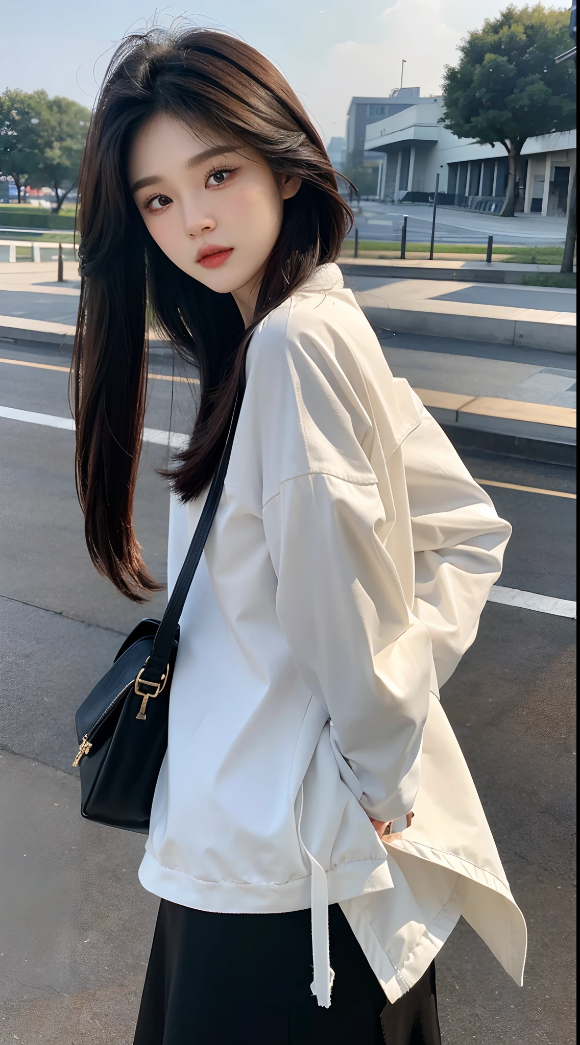 ​masterpiece、top-quality)、1 beutiful girl、Slim body、((Black and white plain clothes:1.1))、(Detailed beautiful eyes)、In the Han River、((Boyish Brown Medium Hair))、((Smaller face))、((Neutral face))、((Light brown eyes))、((Korean Girl))、((18year old))、((cool lady))、((Embarrassed expression))、((Korean Makeup))、((elongated and sharp eyes))、((Happy dating))、((boyish))、((She is walking in front of the viewer))、((She is looking at the sky))、((shot from back))