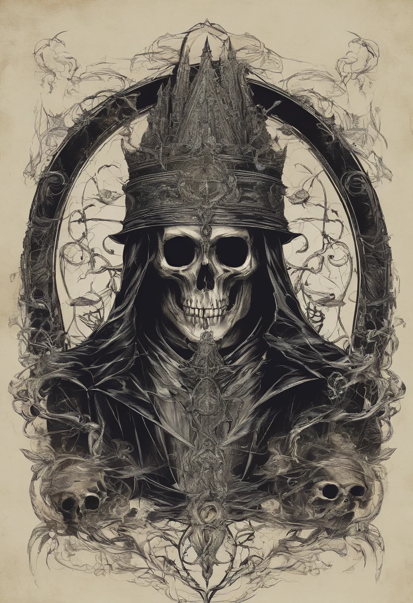 Crie um desenho aterrorizante de um bruxo bruxo. This wizard is a being of darkness, his face is skeletal, com olhos afundados e sem pupila, apenas uma chama ardente. Their skin is stretched like parchment and covered in mysterious runes that seem to move. on the headpiece, He wears a wide-brimmed hat, cujas sombras escondem seu rosto, e pingando dele pingando com cera derretida, as if the hat were a lit candle. His torn black cloak seems to be made of living shadows that stretch to infinity. The wizard holds a twisted staff with a human skull at the end, e um escuro, viscous substance oozes from the skull. Around it is a circle of candles that burn in green flames and exude a sulfurous smell. The background is dark and full of sinister shadows.