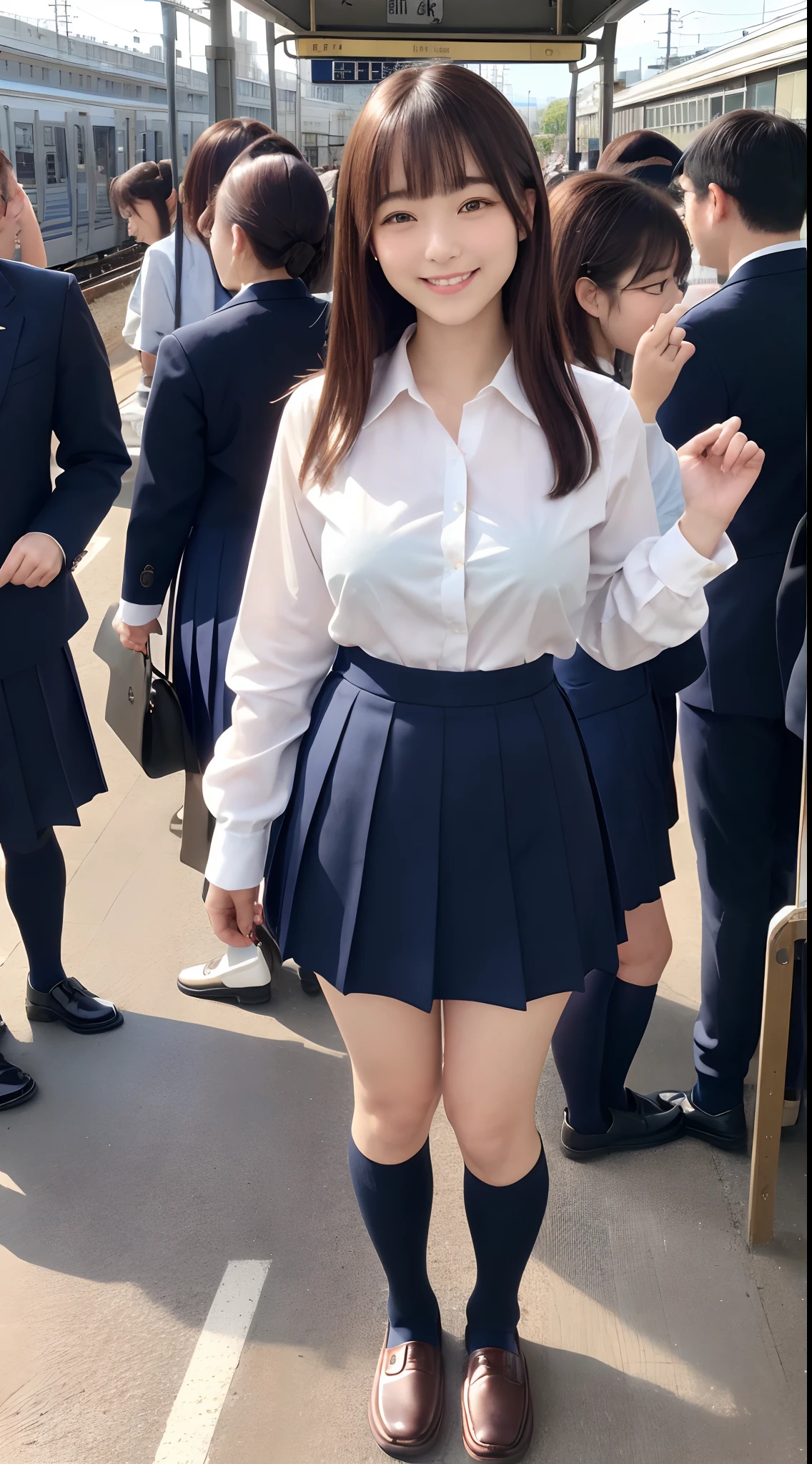 (8K, 超A high resolution, Best Quality, masutepiece:1.2),(18year old:1.2)、(Look away)、8K、RAW portrait of japanese girl、Photorealsitic、超A high resolution、top-quality、 (quite massive chest、Hide all breasts:1.2)(hi-school girl、White collared shirt、Navy Pleated Mini Skirt:1.3)、(Standing on a crowded station platform:1.2) Charming smile、(Brown Long Straight Hair、Black loafers、Navy Socks:1.2)