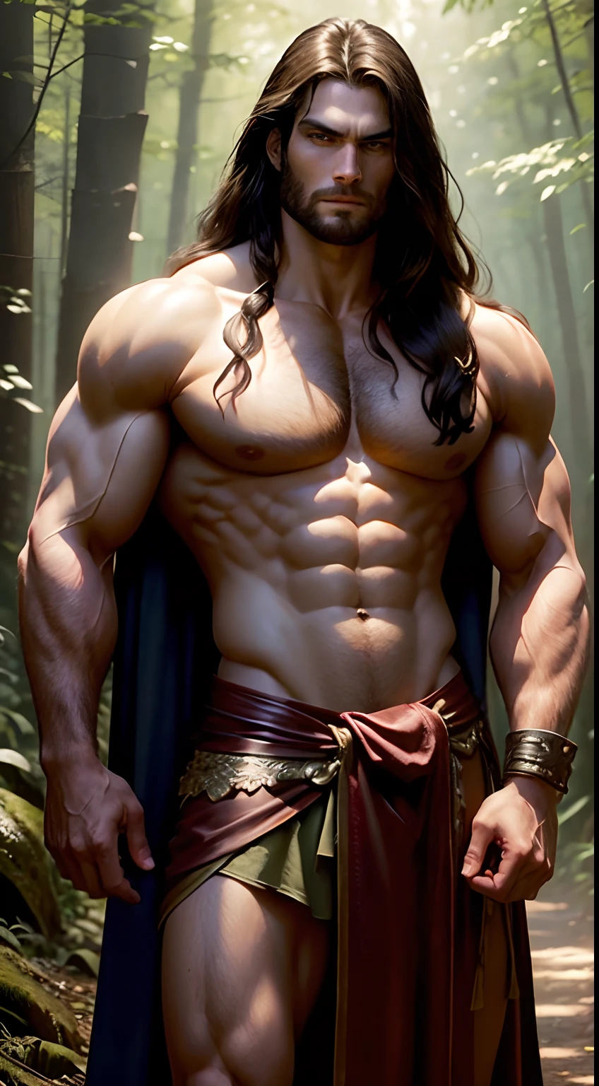 A couple standing in the forest, Man- Henry Cavill as Conan the Barbarian, handsome, tall, long hair, long straight nose, robust, sinewy muscles, shirtless, wearing a leather sarong ((sword in hand:1.2)), woman- Barbara Mori, young, beautiful, large breasts, completely naked, flowers in her hair smiling, sitting in the ground full body, closeup