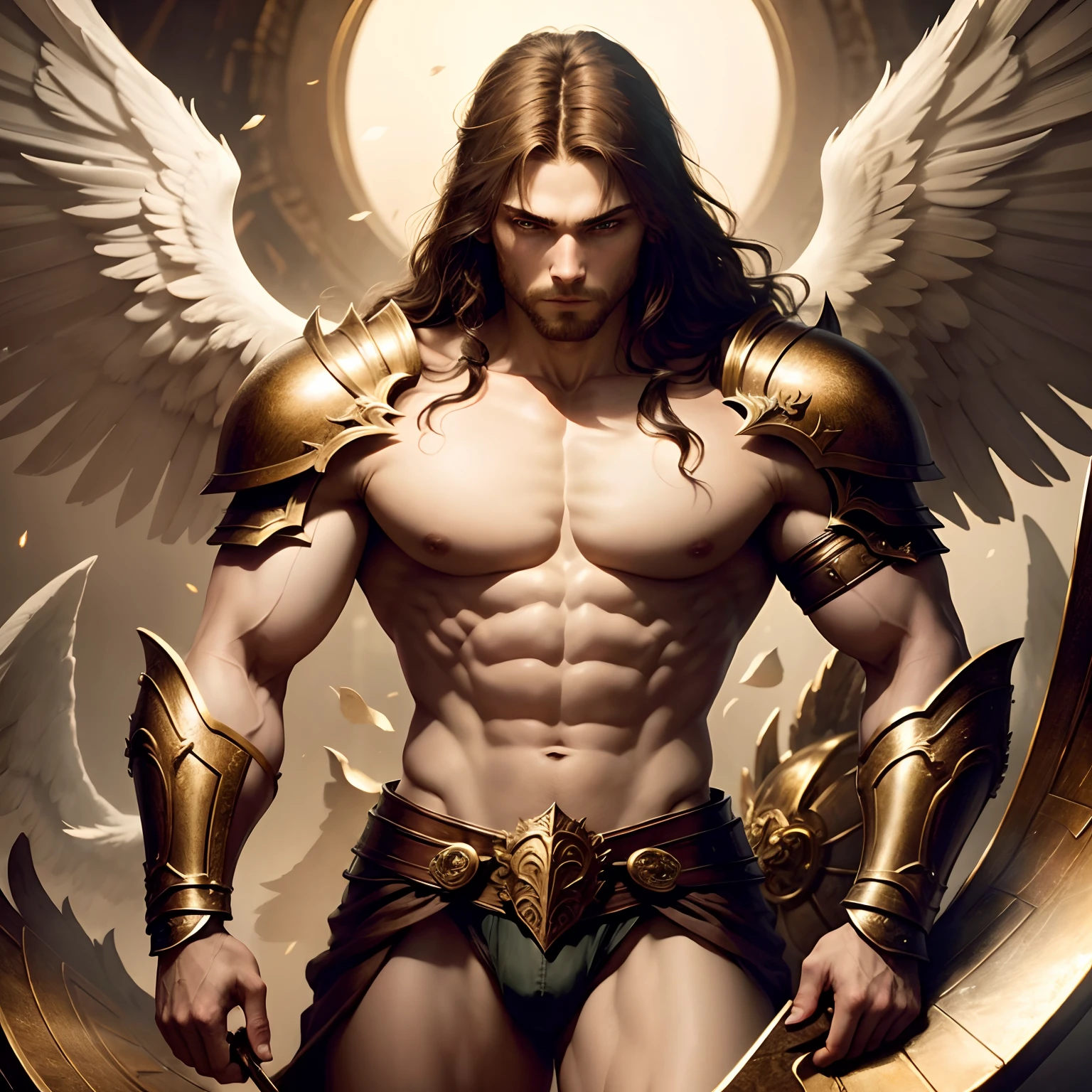 Angel, male, strong, fantasy, in battle, armour, shining, musculature, style Leonardo da Vinci