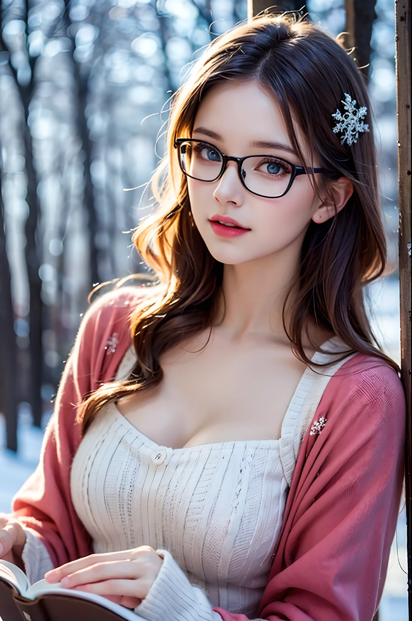 (best quality:1.2), realistic,russian girl,beautiful detailed eyes,beautiful detailed lips,medium:oil painting,portrait,curls in her hair,a red dress with floral patterns,walking in a snow-covered forest,soft natural lighting,vibrant colors,subtle pink and blue color tones,gentle snowflakes falling in the air,serene expression on her face,thoughtful gaze,endless winter landscape in the background,hint of sunlight peeking through the trees,delicate frost on the branches,reading glasses,realistic big breasts,white hair,blue eyes.