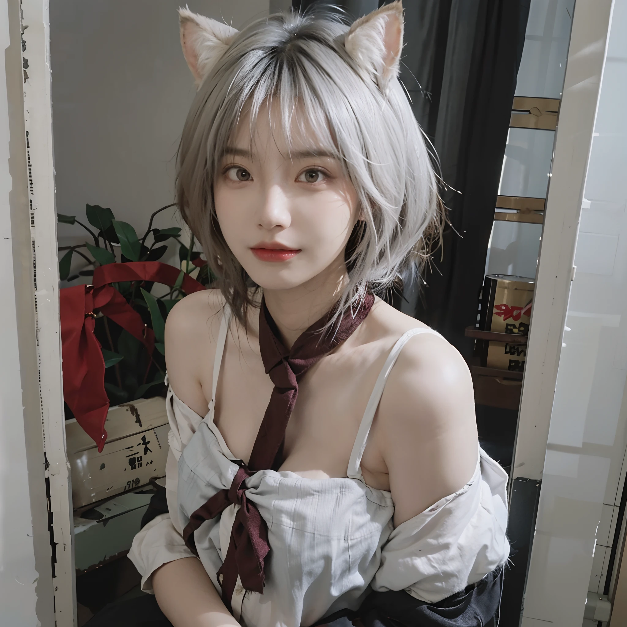 8K,NSFW、Eyes meet through the mirror、(whitish hair) 、undersized head、White hair、Best Quality, masutepiece, Ultra High Resolution, (Realism: 1.4), Original photo, Colors inspired by red、(True skin texture: 1.3), (Film grain: 1.3), Beautiful eyes and face details, masutepiece, Best Quality, close up, Full body, Look at the viewer,Red Ribbon、Bob cut with gray hair、18year old、White cat ears