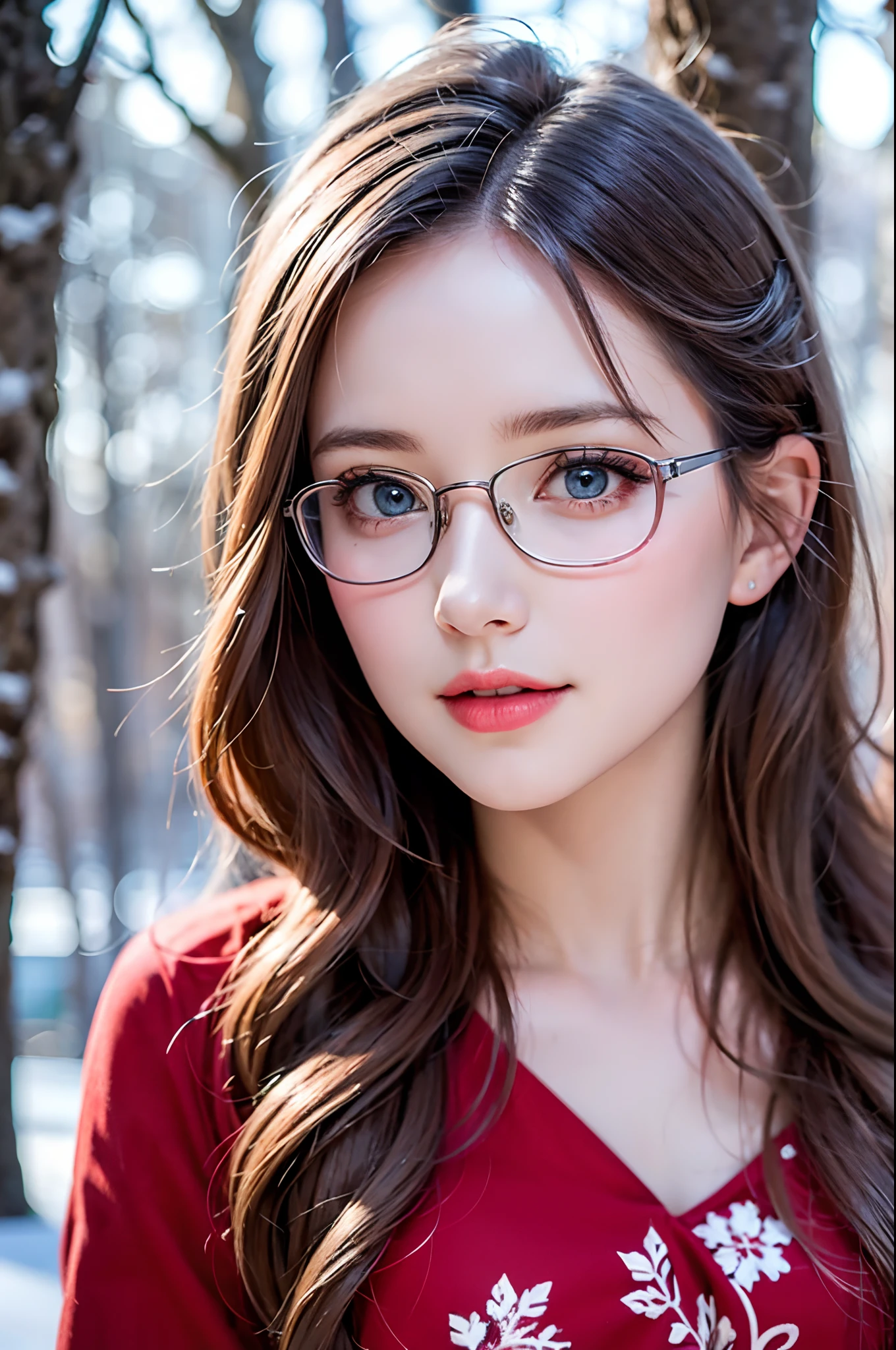 (best quality:1.2), realistic,russian girl,beautiful detailed eyes,beautiful detailed lips,medium:oil painting,portrait,curls in her hair,a red dress with floral patterns,walking in a snow-covered forest,soft natural lighting,vibrant colors,subtle pink and blue color tones,gentle snowflakes falling in the air,serene expression on her face,thoughtful gaze,endless winter landscape in the background,hint of sunlight peeking through the trees,delicate frost on the branches,reading glasses,realistic big breasts,white hair,blue eyes.
