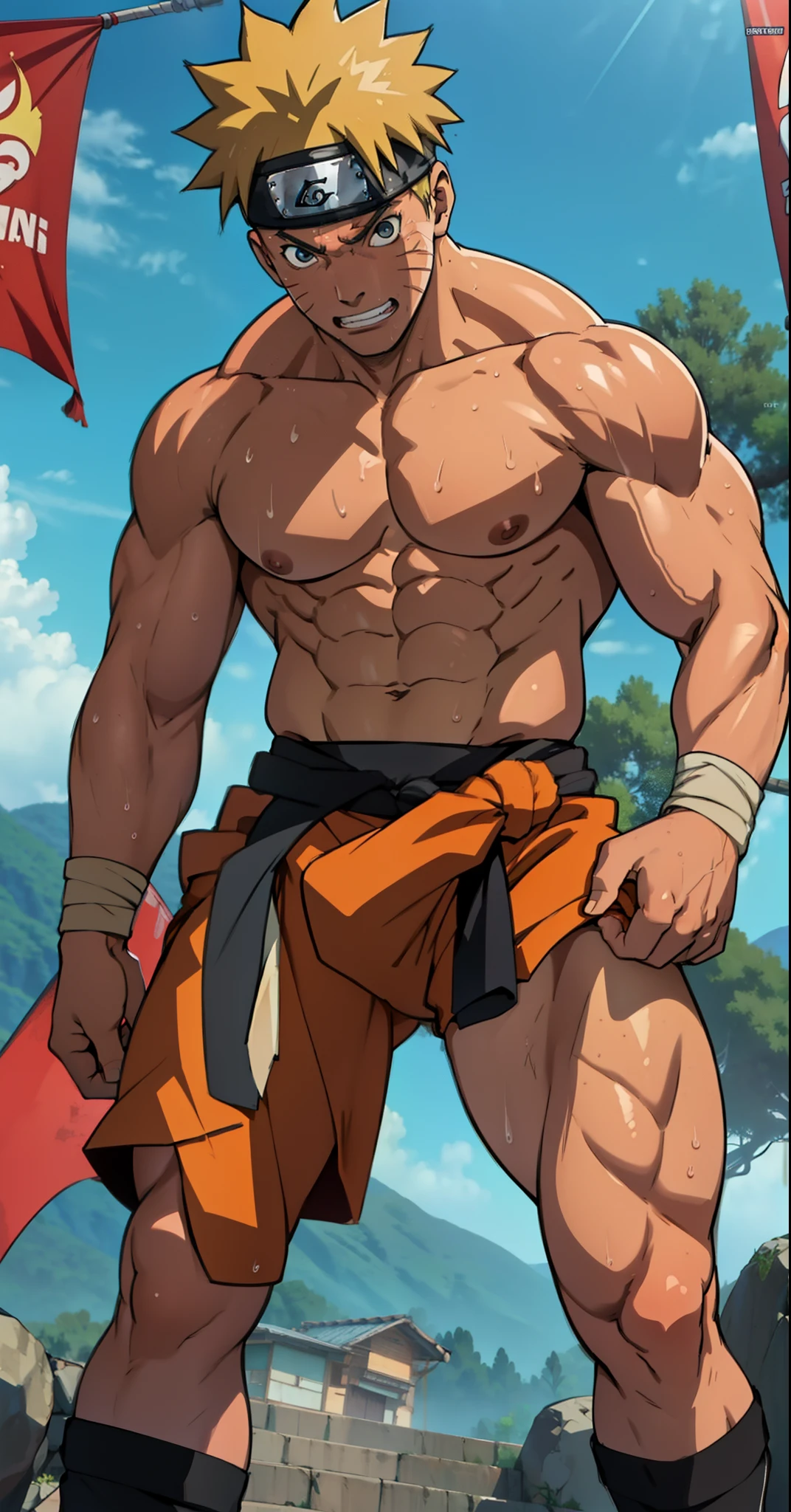 (Full body) (photo subject: Close-up of muscular thigh muscles ) (photo angle from bottom up)(Drawings of Naruto anime) (photo angle from the ground upwards) [Anime photo][highest quality photo][4k,HD photo quality ] wear tight and short loincloths soaking wet,the loincloth bulges due to the erect male genitals  (muscular thigh muscles, firm thigh muscles, muscular thigh muscles, sinewy thigh muscles, giant thigh muscles, strong leg muscles, muscular hamstring leg muscles) ,Uzumaki Naruto fun, happy,bodybuilder,bodybuilding, standing, red skin, pink skin, tanned skin,reddish brown skin, lots of sweat flowing down, topless, shirtless, hot sunny, (do not wear banners,do not wear headbands)