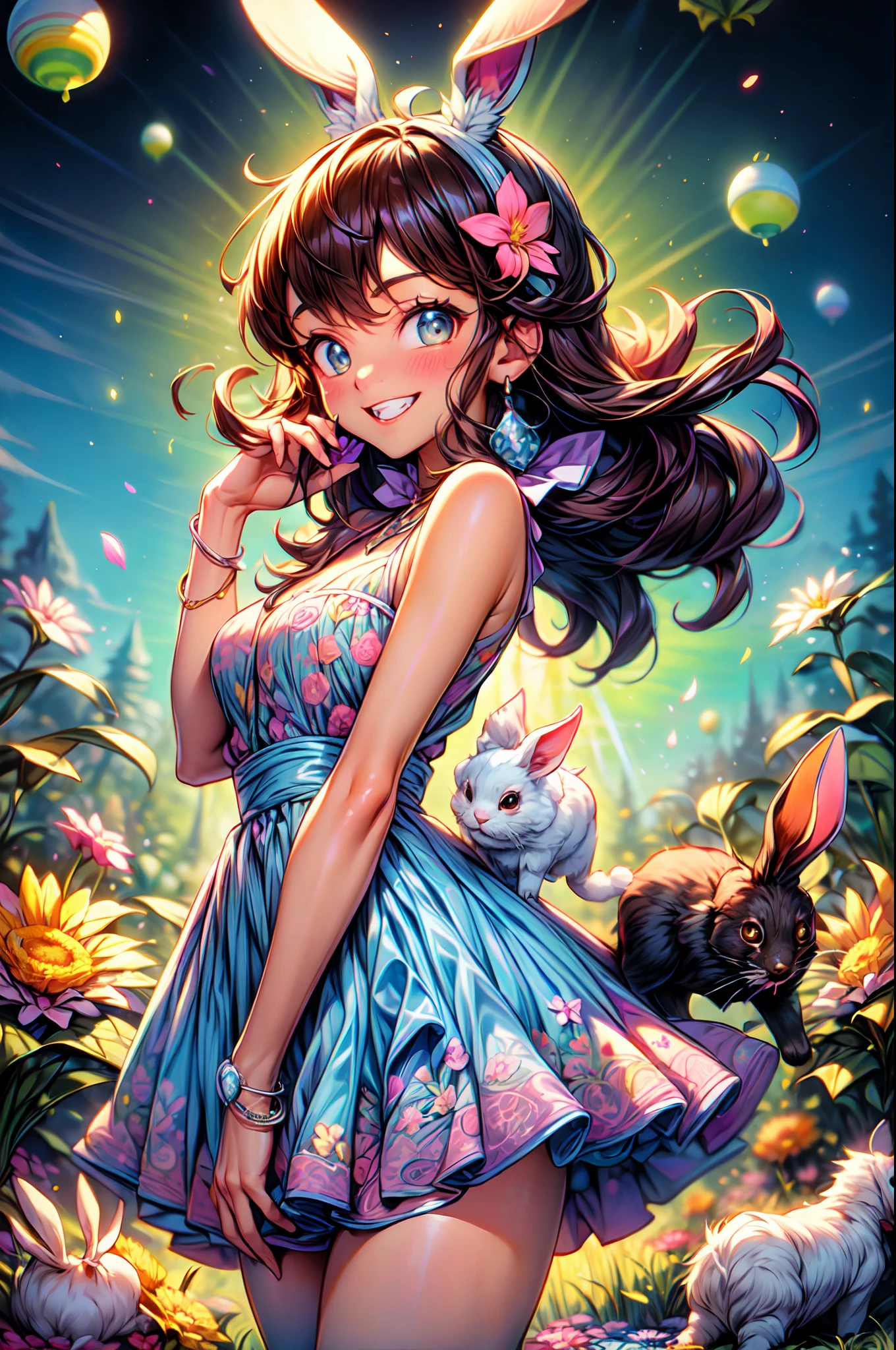La mejor calidad, hermoso brillo detallado, ambient-occlusion, Luz ambiental, Reflejos trazados por rayos, Aura brillante, plano amplio, una feliz, A smiling 18-year-old brown-skinned girl running alongside a white rabbit across the prairie on a sunny day with the wind blowing, Short two-part dress with warm colored floral motifs and colorful flying flowers found throughout the meadow, muy colorido.
