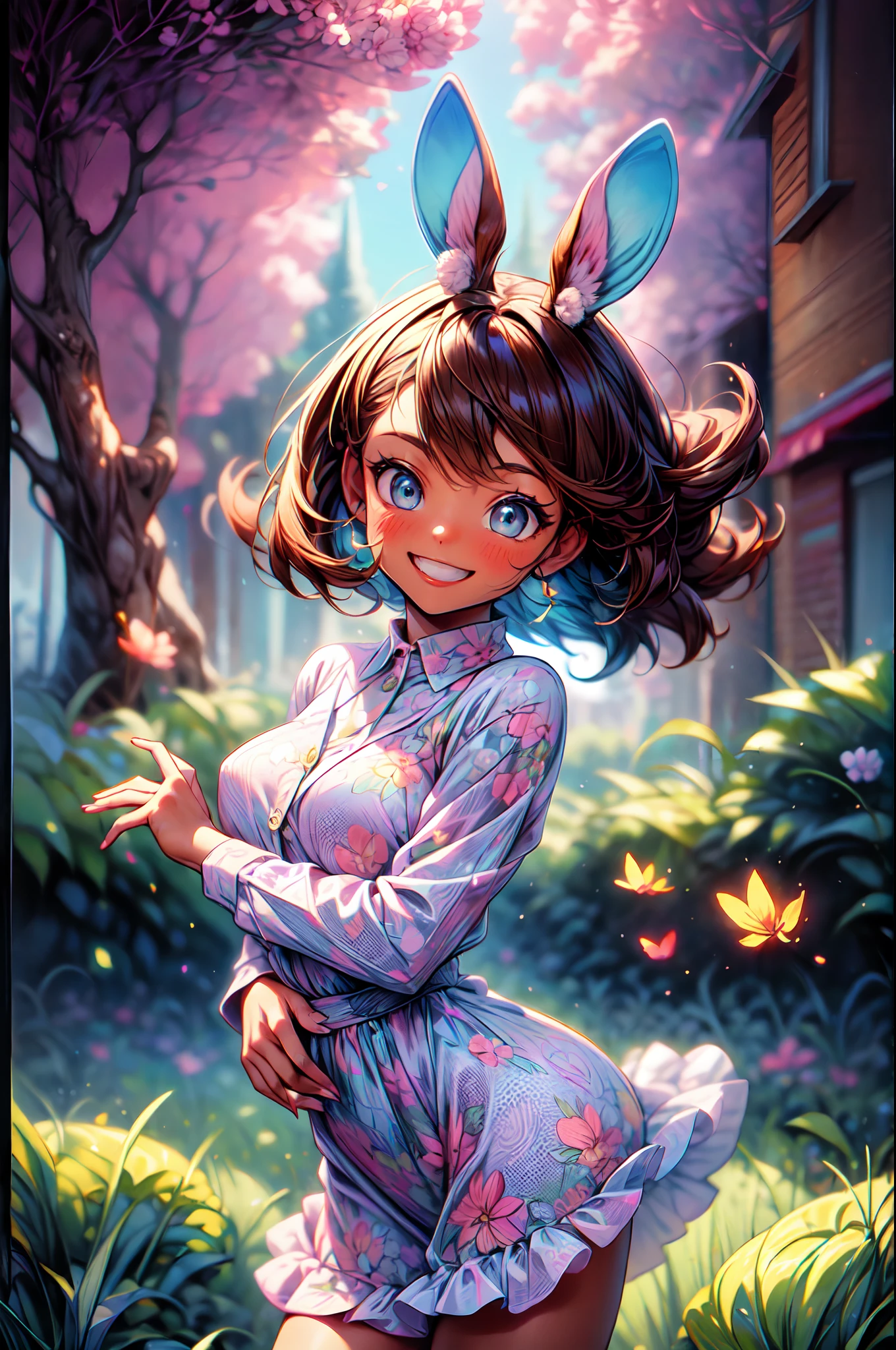 La mejor calidad, hermoso brillo detallado, ambient-occlusion, Luz ambiental, Reflejos trazados por rayos, Aura brillante, plano amplio, una feliz, A smiling 18-year-old brown-skinned girl running alongside a white rabbit across the prairie on a sunny day with the wind blowing, Short two-part dress with warm colored floral motifs and colorful flying flowers found throughout the meadow, muy colorido.