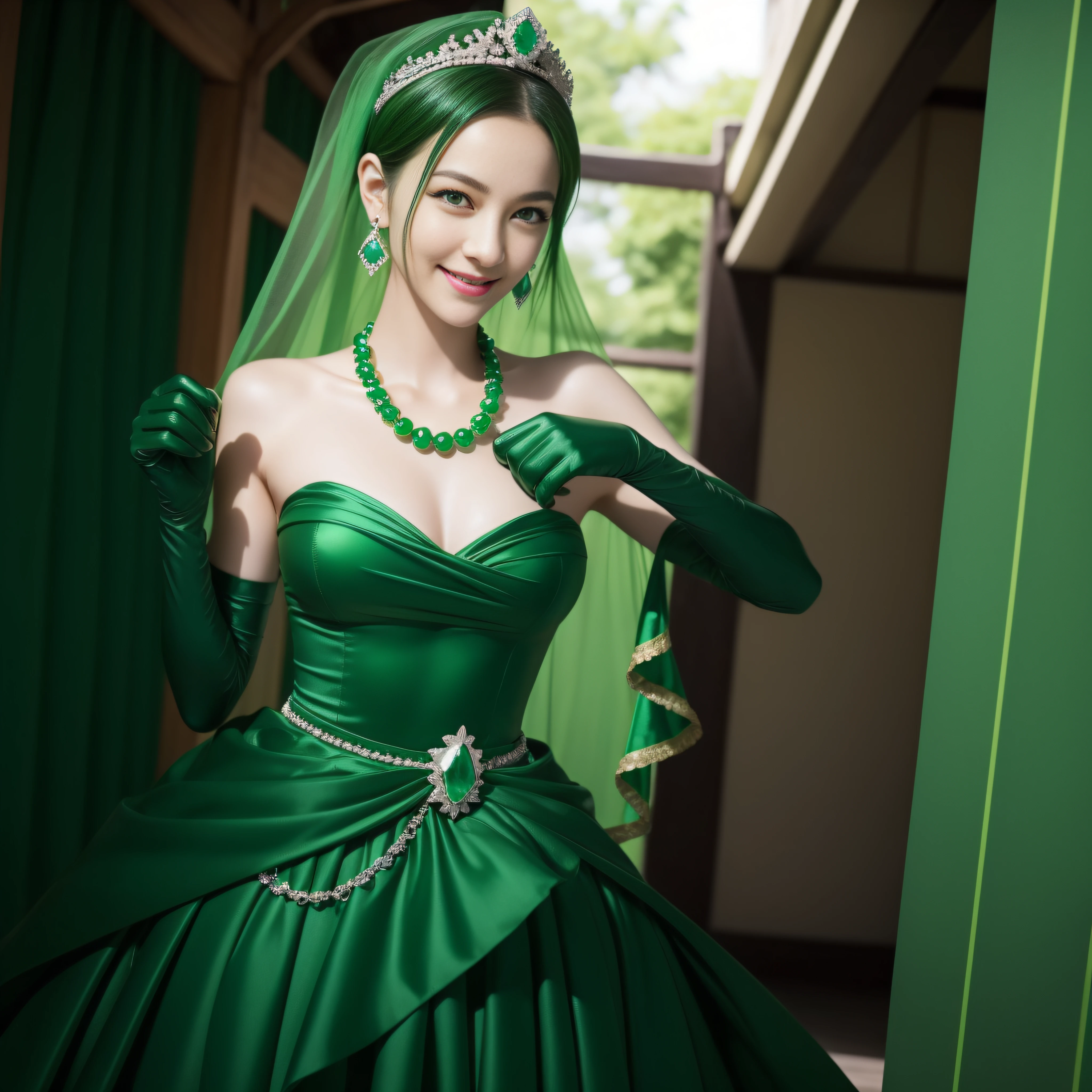 emerald tiara, Green Pearl Necklace, Boyish very short green hair, lipsticks, Japan woman smiling, very short short hair, fist, big breasts beautiful, Green eyes, Long green gloves made of satin material, Green eyes, Emerald Earrings