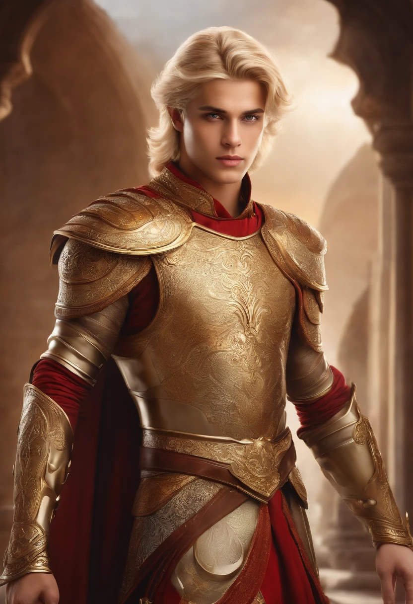 Best quality, masterpiece, ultra high resolution, white background, realistic, hadesstyle, retracted from a -yeld pre on the battlefield, short blonde hair, amber eyes, Imperial Prince armor, cape, depth of field kalki 10 th avatar or lord vishnu