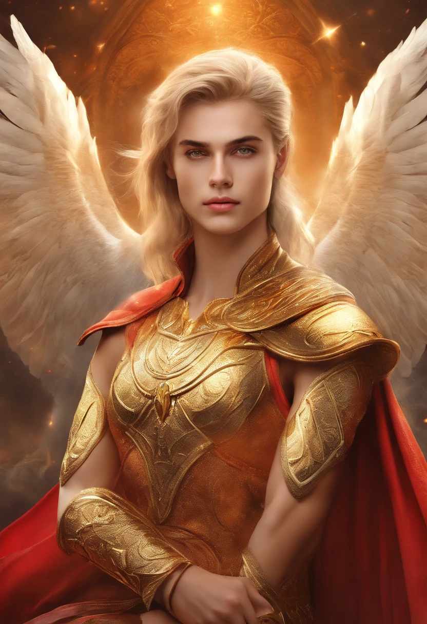 Best quality, masterpiece, ultra high resolution, white background, realistic, hadesstyle, retracted from a 16-year-old prince on the battlefield, short blonde hair, amber eyes, Imperial Prince armor, cape, depth of field kalki 10 th avatar or lord vishnu