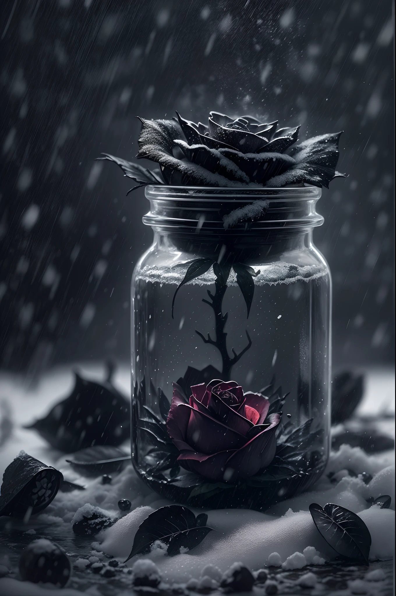 snow falling, dark and moody lighting, dramatic shadows, surreal atmosphere, fine details of the rose petals, frost on the jar, intricate textures, haunting beauty, intense contrast, black and white color scheme, ethereal vibes.(best quality, 4k, highres, masterpiece:1.1), ultra-detailed, close up of a Black rose in a jar, winter storm,
