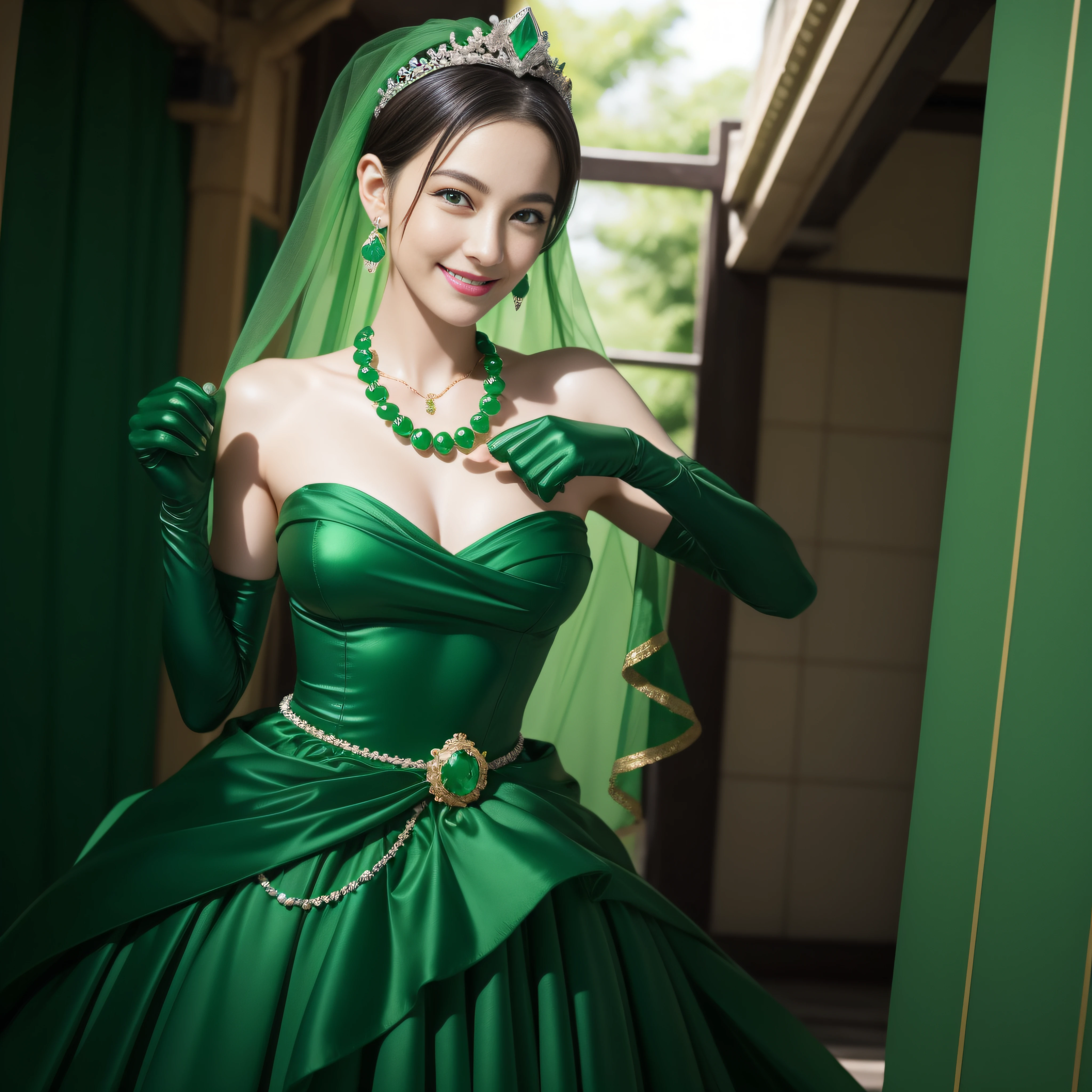 emerald tiara, Green Pearl Necklace, Boyish very short green hair, lipsticks, Japan woman smiling, very short short hair, fist, big breasts beautiful, Green eyes, Long green gloves made of satin material, Green eyes, Emerald Earrings
