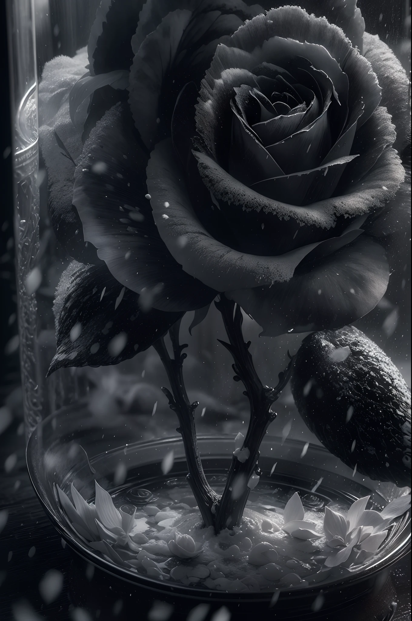 snow falling, dark and moody lighting, dramatic shadows, surreal atmosphere, fine details of the rose petals, frost on the jar, intricate textures, haunting beauty, intense contrast, black and white color scheme, ethereal vibes.(best quality, 4k, highres, masterpiece:1.1), ultra-detailed, close up of a Black rose in a jar, winter storm,