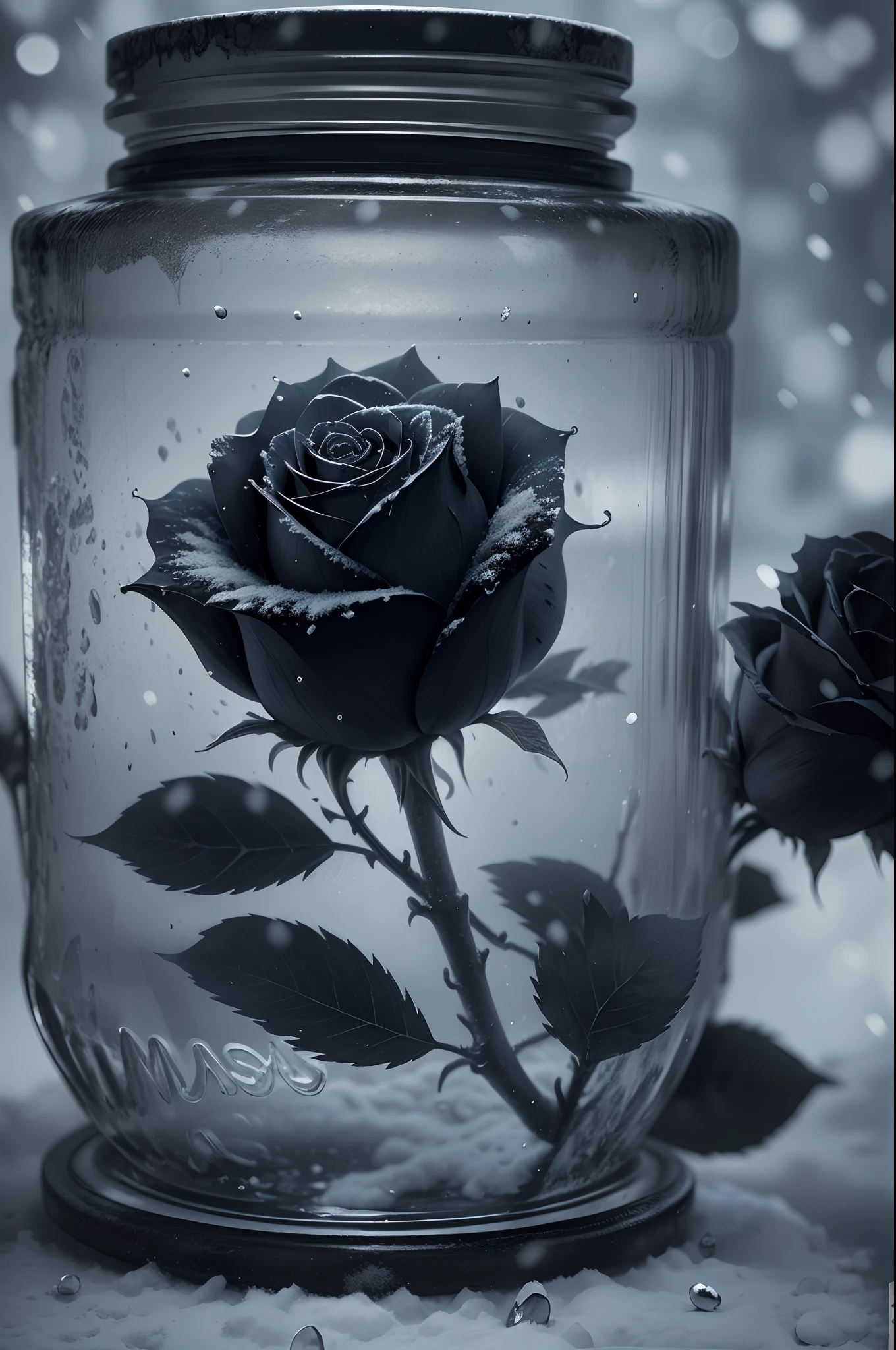 snow falling, dark and moody lighting, dramatic shadows, surreal atmosphere, fine details of the rose petals, frost on the jar, intricate textures, haunting beauty, intense contrast, black and white color scheme, ethereal vibes.(best quality, 4k, highres, masterpiece:1.1), ultra-detailed, close up of a Black rose in a jar, winter storm,
